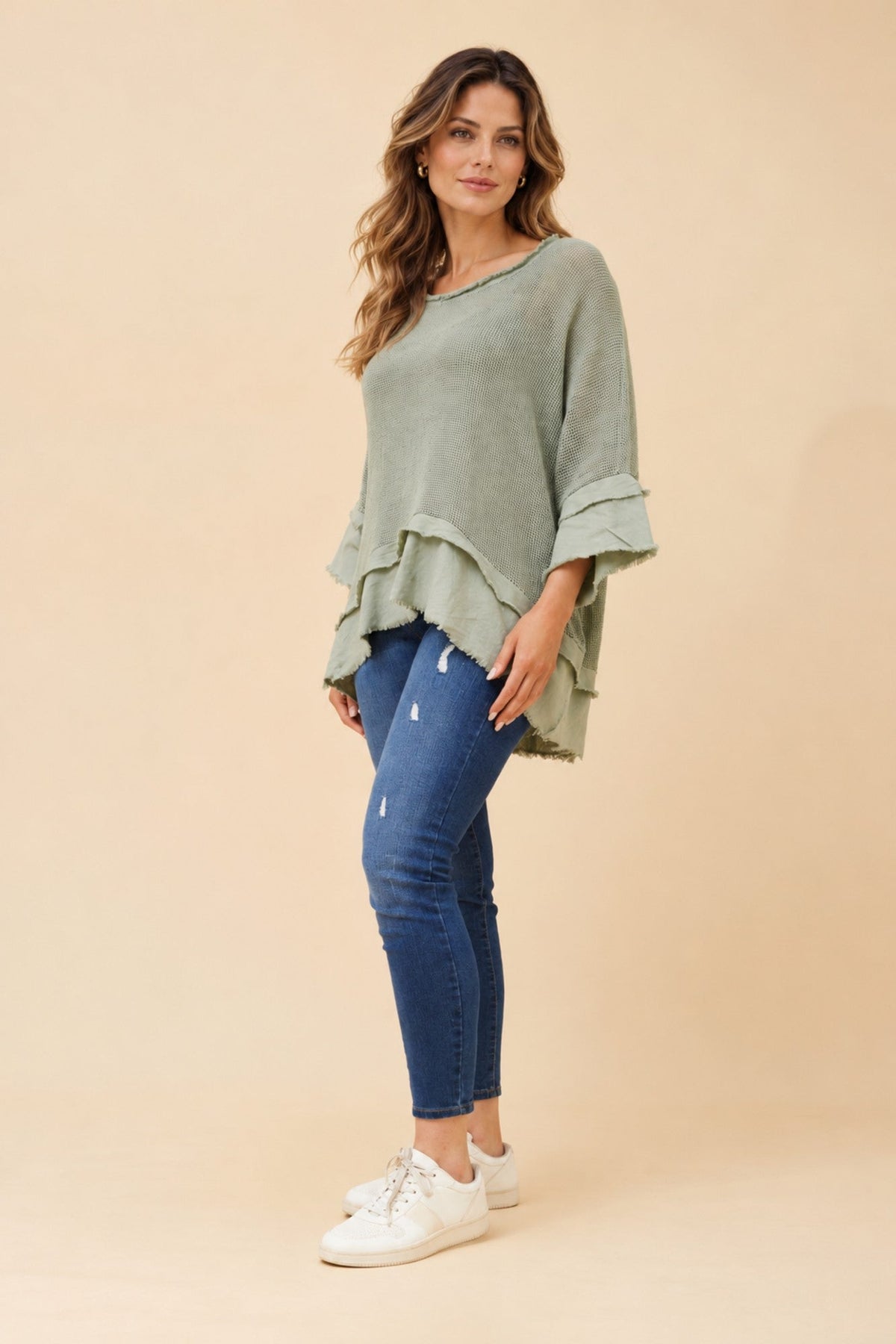 BOTTEGA MODA ROSAMUND RAW EDGE TOP (Sage)