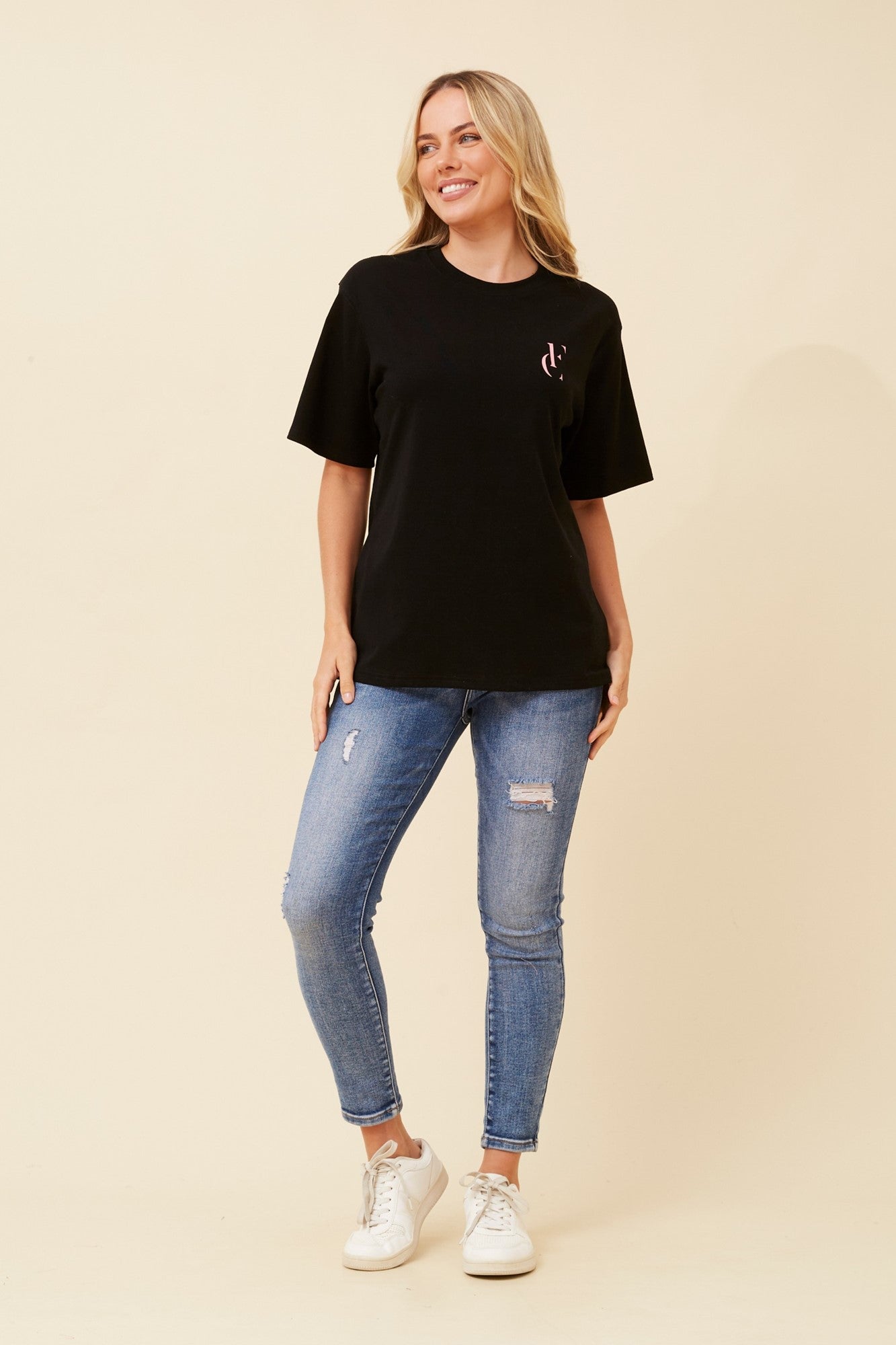 Image of T-Shirts. Product name - MALIA FC PRINT T-SHIRT in Black colour by brand - Caroline Morgan Australia