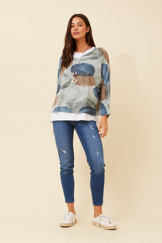 Image of a model wearing Tops. Product name - MELIKA ABSTRACT PRINT TOP in Fango colour by brand - BOTTEGA MODA