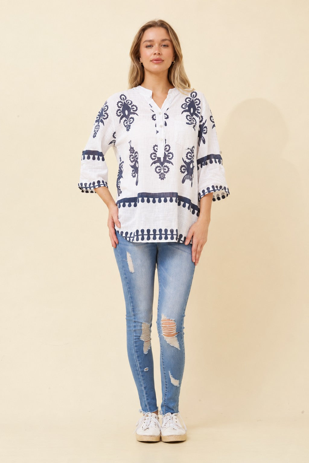 FERRERA BOHO PRINT TOP (White/Navy)