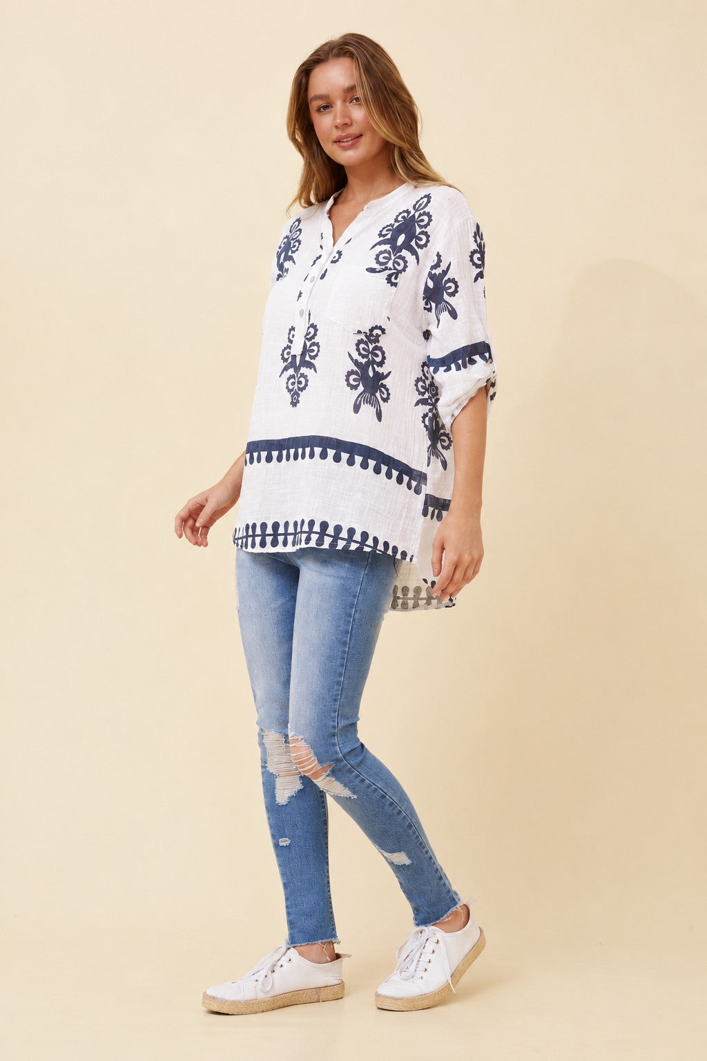FERRERA BOHO PRINT TOP (White/Navy)