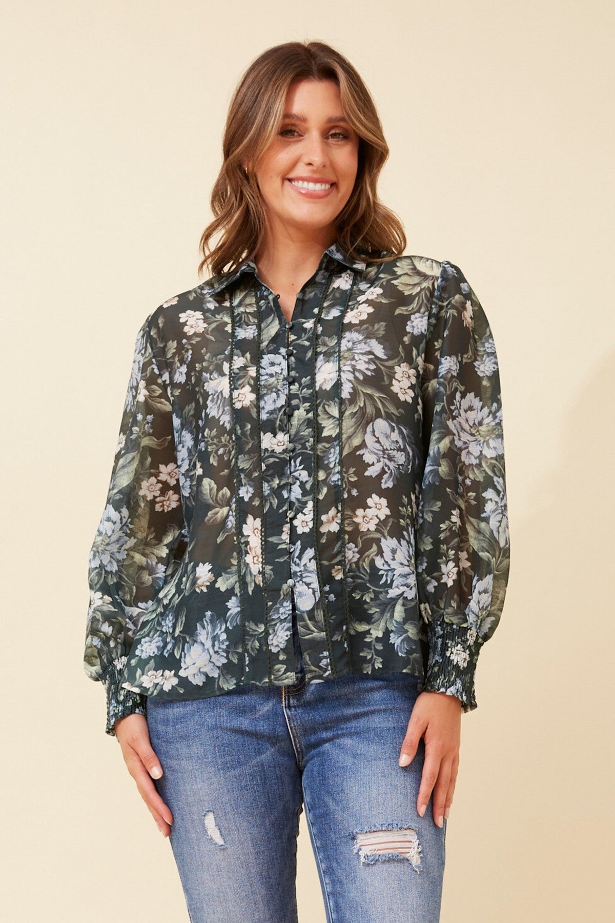 Image of Shirts. Product name - ELKE FLORAL SHIRT in Forest colour by brand - Caroline Morgan Australia