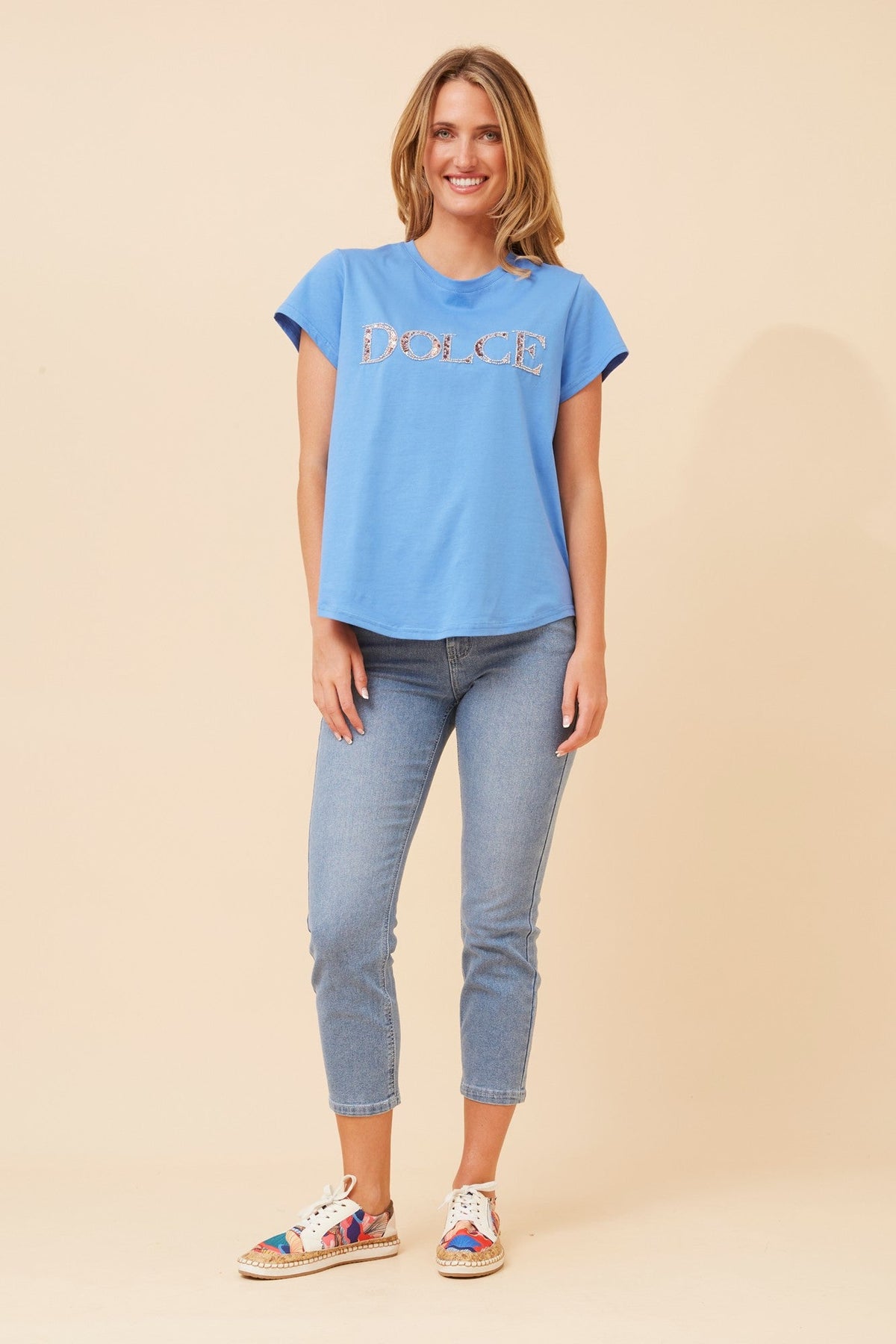 Image of T-Shirts. Product name - ROSLET DIAMANTE DETAIL T-SHIRT in Blue colour by brand - Caroline Morgan Australia