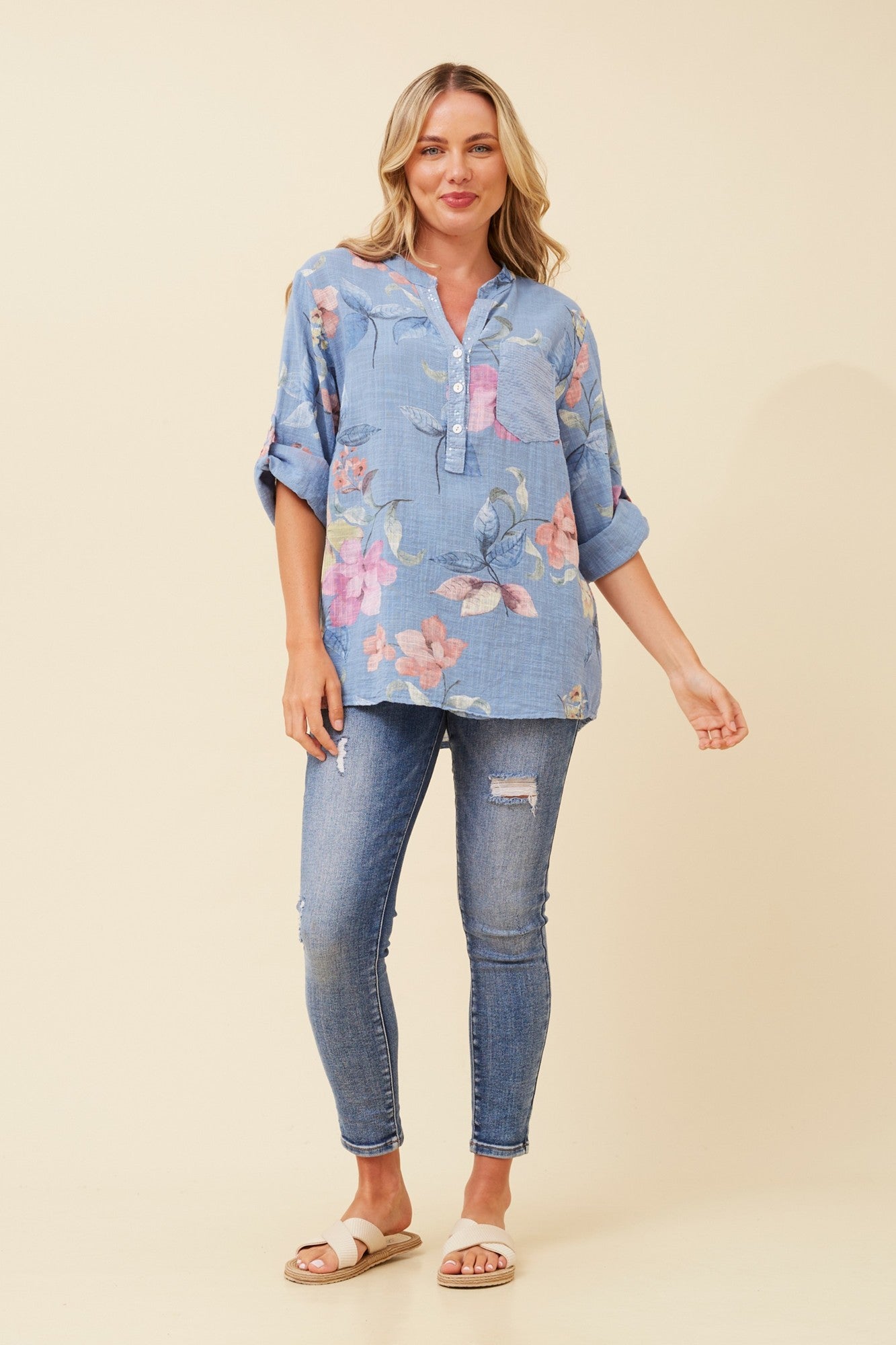ROSETTA FLORAL TOP (Light Denim)