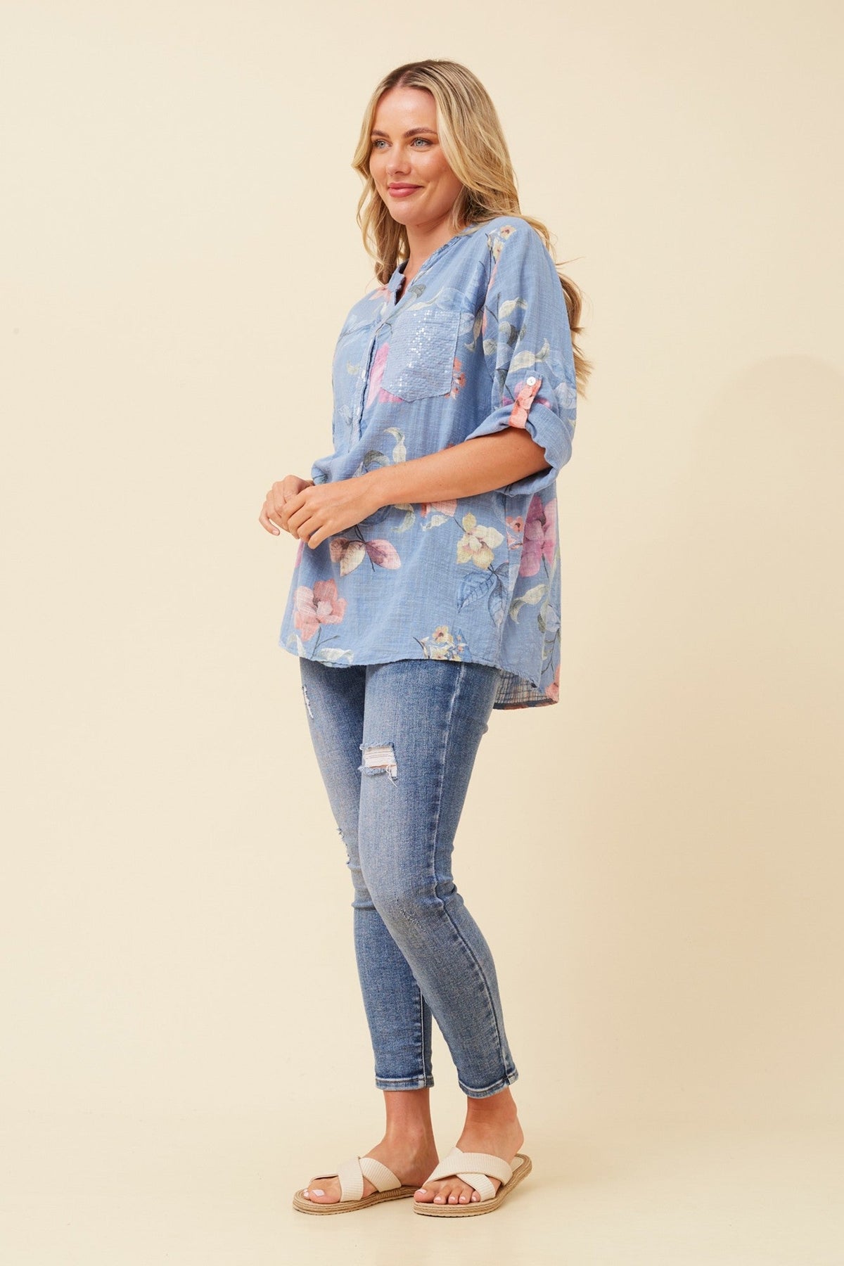 ROSETTA FLORAL TOP (Light Denim)
