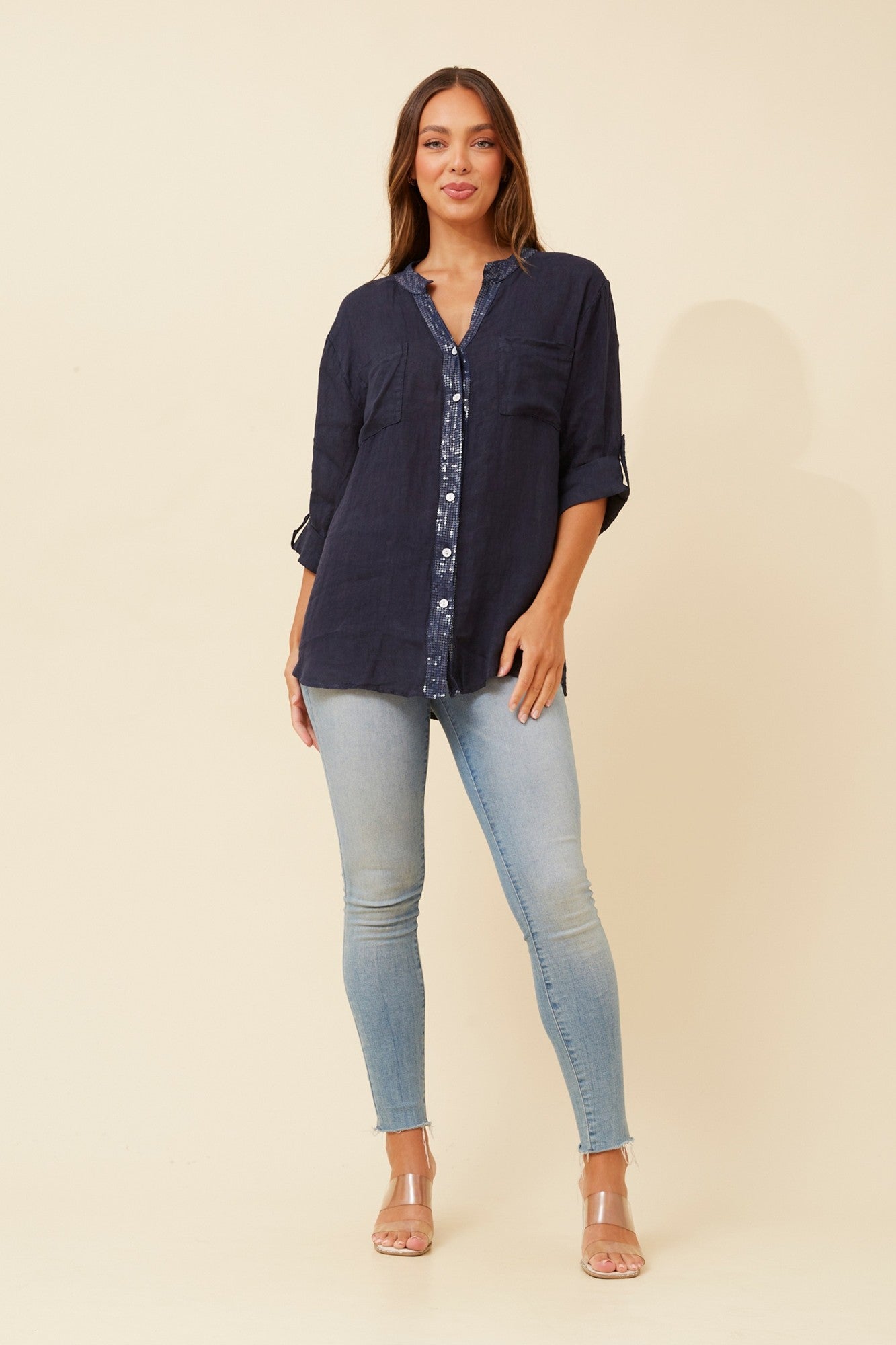 Image of Shirts. Product name - ROSEANNE SEQUIN LINEN SHIRT in White colour by brand - BOTTEGA MODA