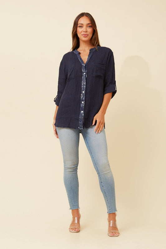 Image of Shirts. Product name - ROSEANNE SEQUIN LINEN SHIRT in White colour by brand - BOTTEGA MODA