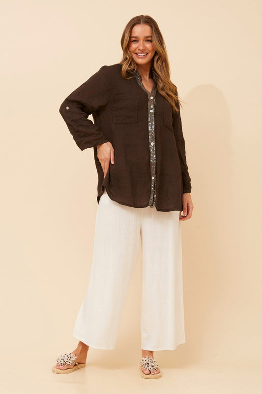 Image of Shirts. Product name - ROSEANNE SEQUIN LINEN SHIRT in Bitter Chocolate colour by brand - BOTTEGA MODA