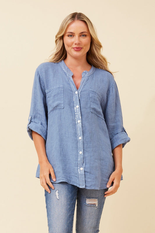 Image of Shirts. Product name - ROSEANNE SEQUIN LINEN SHIRT in Light Denim colour by brand - BOTTEGA MODA