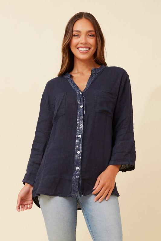 Image of Shirts. Product name - ROSEANNE SEQUIN LINEN SHIRT in Navy colour by brand - BOTTEGA MODA