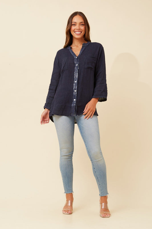 BOTTEGA MODA ROSEANNE SEQUIN LINEN SHIRT (Navy)