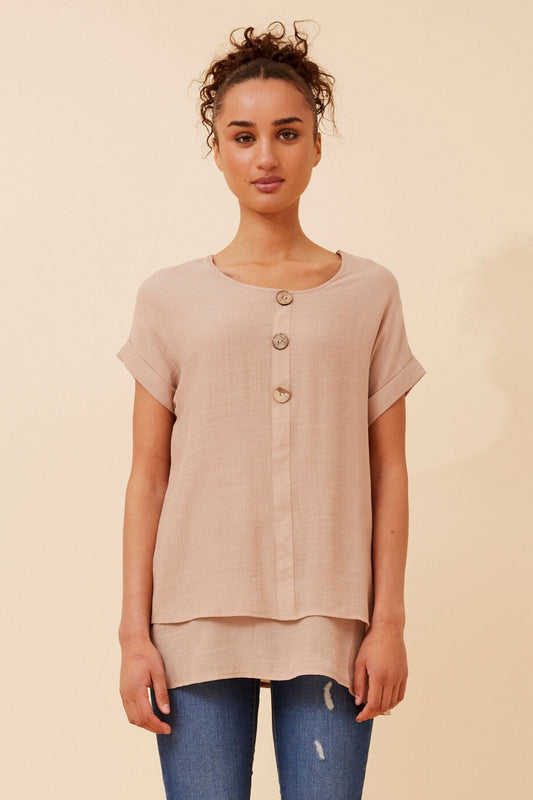 Image of a model wearing Tops. Product name - JAYCEE SOLID TOP in Green Ash colour by brand - Caroline Morgan Australia