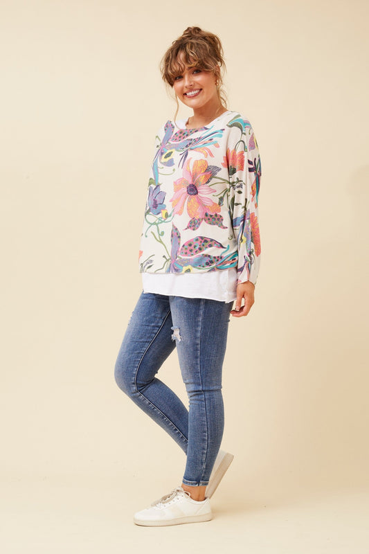 Image of a model wearing Tops. Product name - MELIKA FLORAL TOP in Ivory colour by brand - BOTTEGA MODA