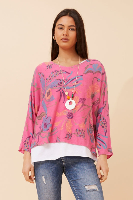 Image of a model wearing Tops. Product name - MELIKA FLORAL TOP in Fuxia colour by brand - BOTTEGA MODA