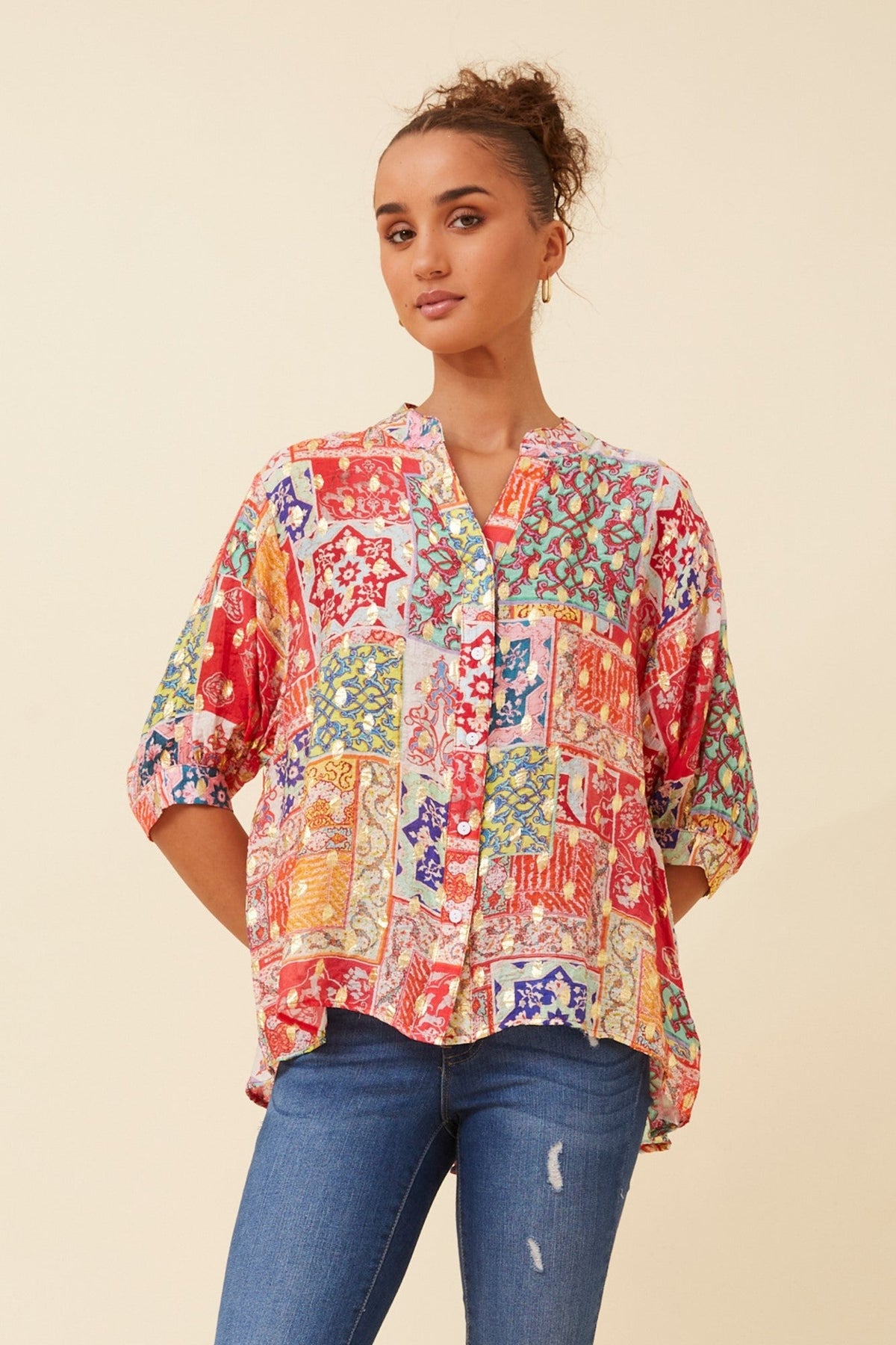 BELINA PATCHWORK PRINT TOP (Multi Red)