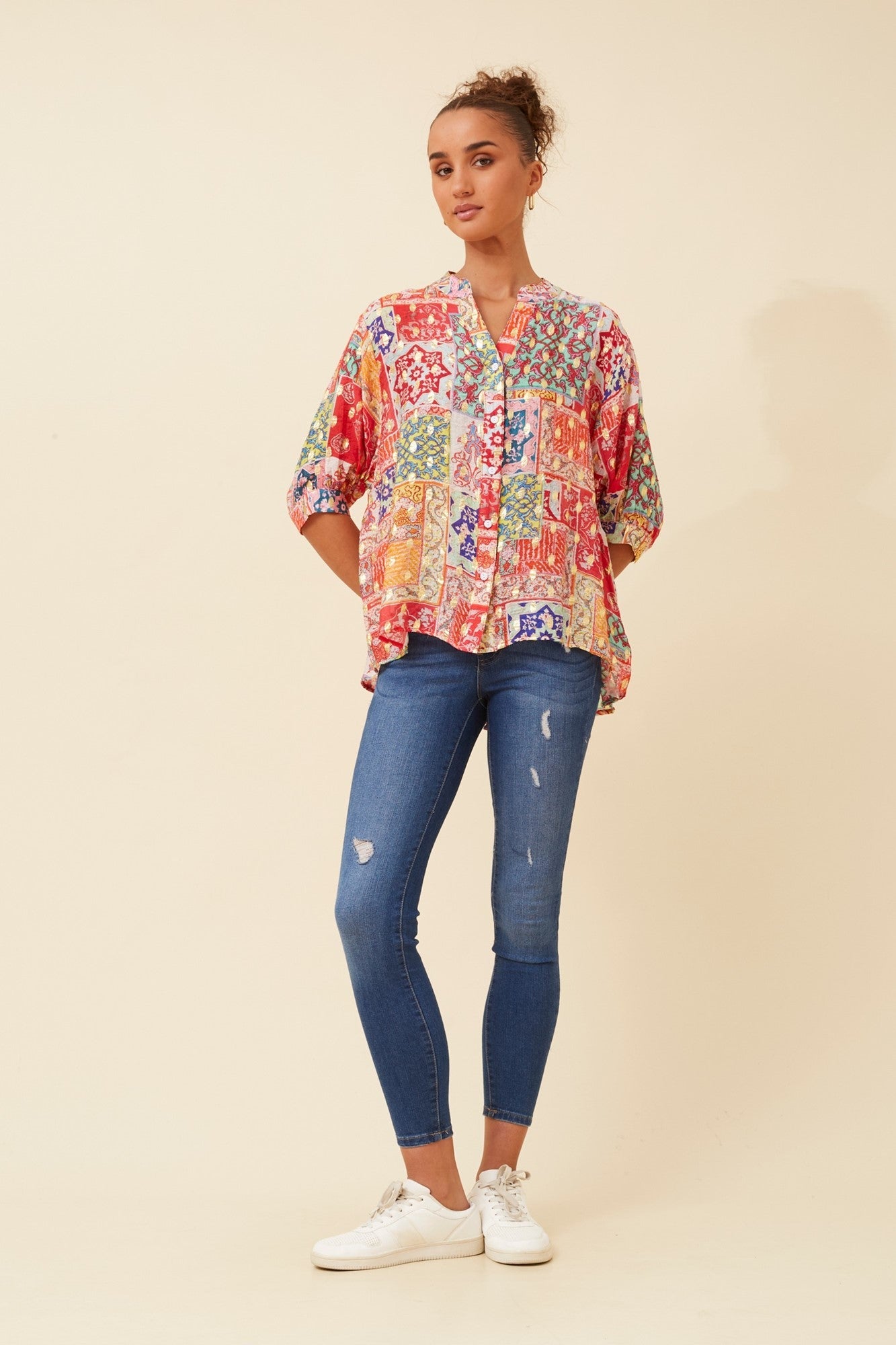 BELINA PATCHWORK PRINT TOP (Multi Red)