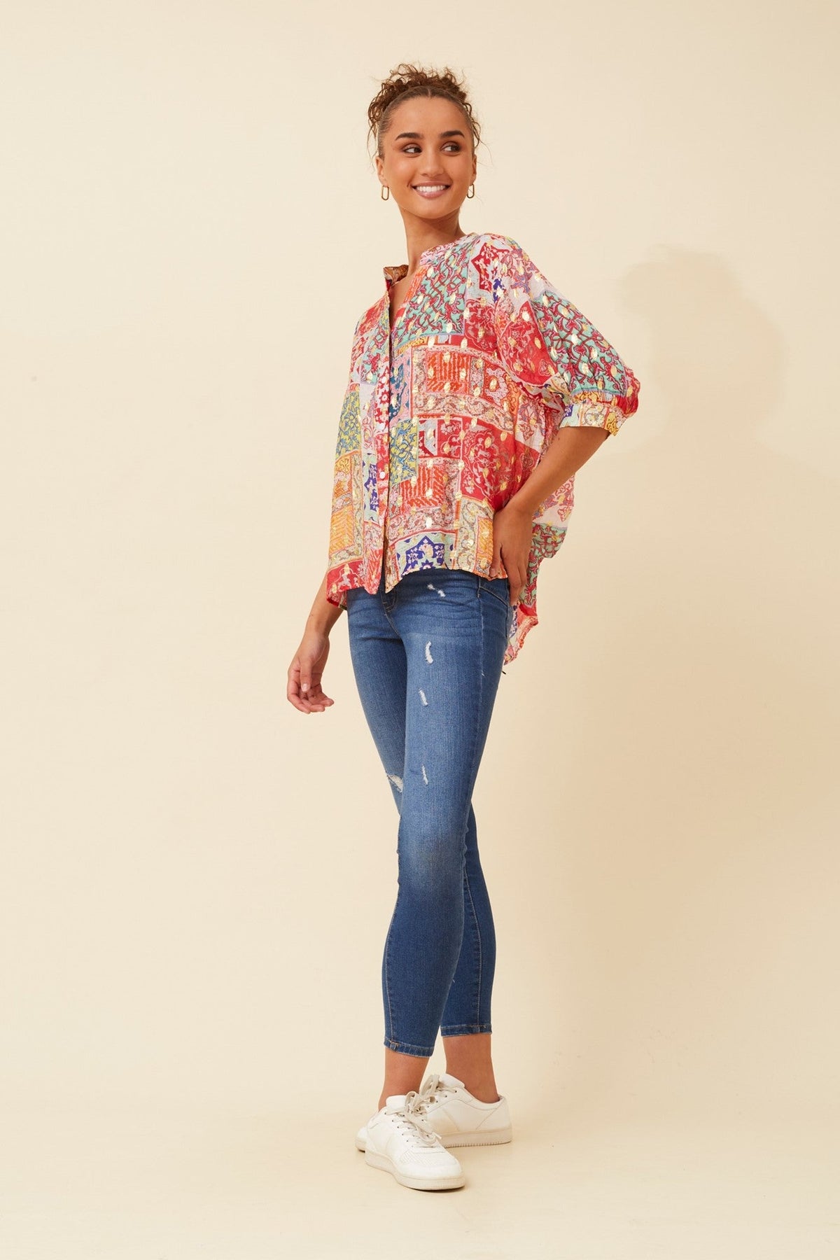 BELINA PATCHWORK PRINT TOP (Multi Red)