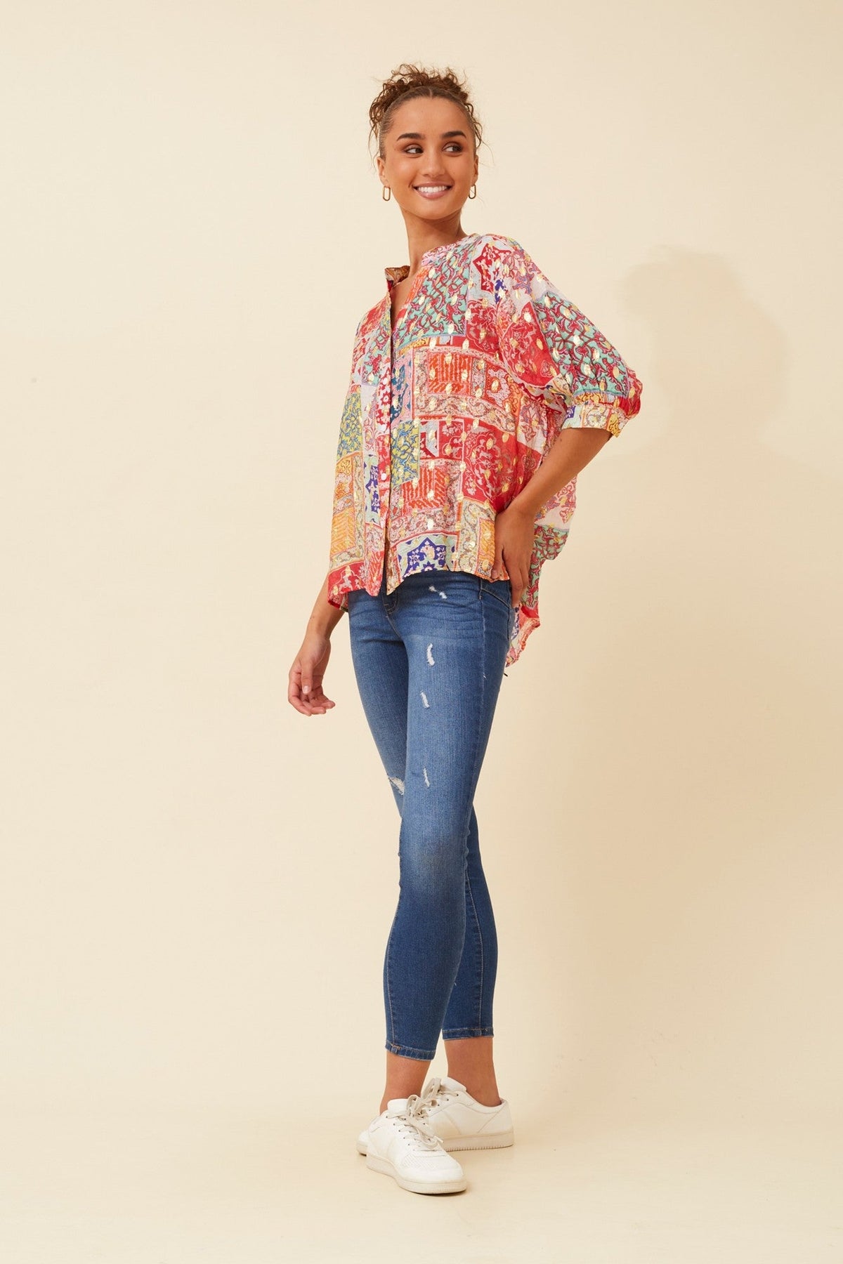 Caroline Morgan Australia BELINA PATCHWORK PRINT TOP (Multi Red)