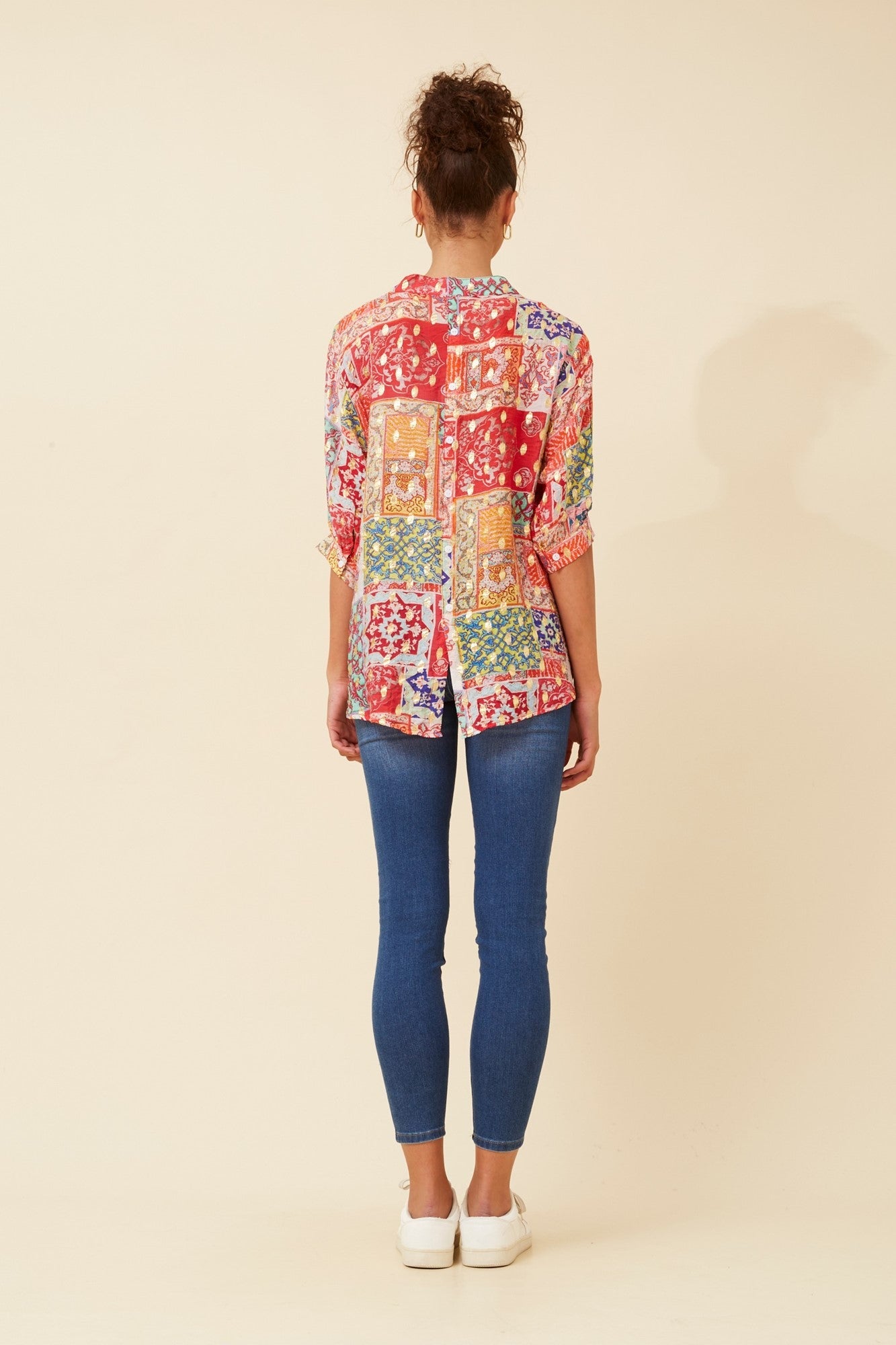 BELINA PATCHWORK PRINT TOP (Multi Red)
