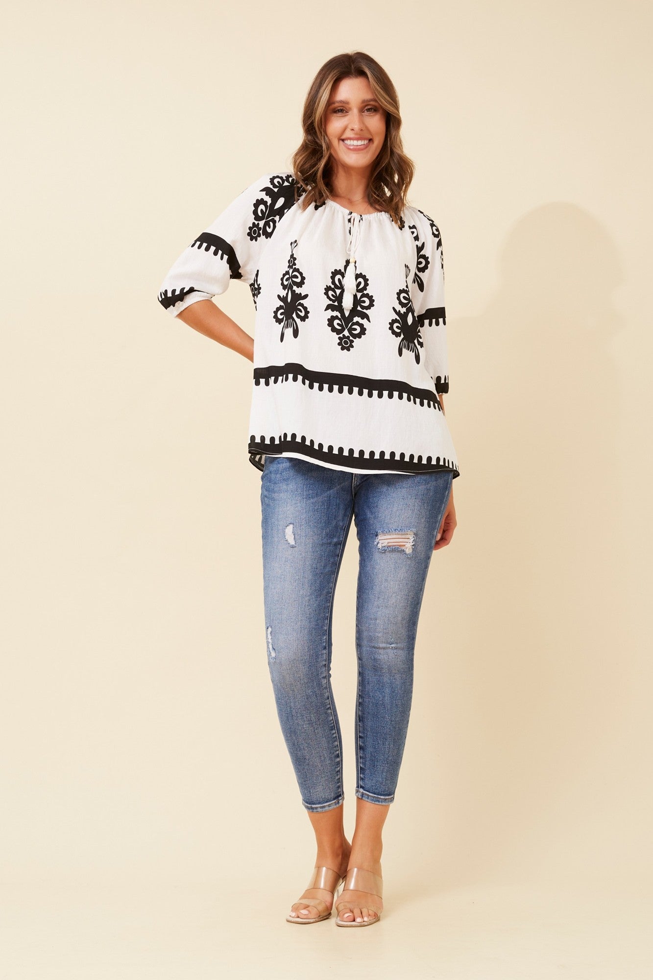 ANDREA BORDER PRINT TOP (Black)