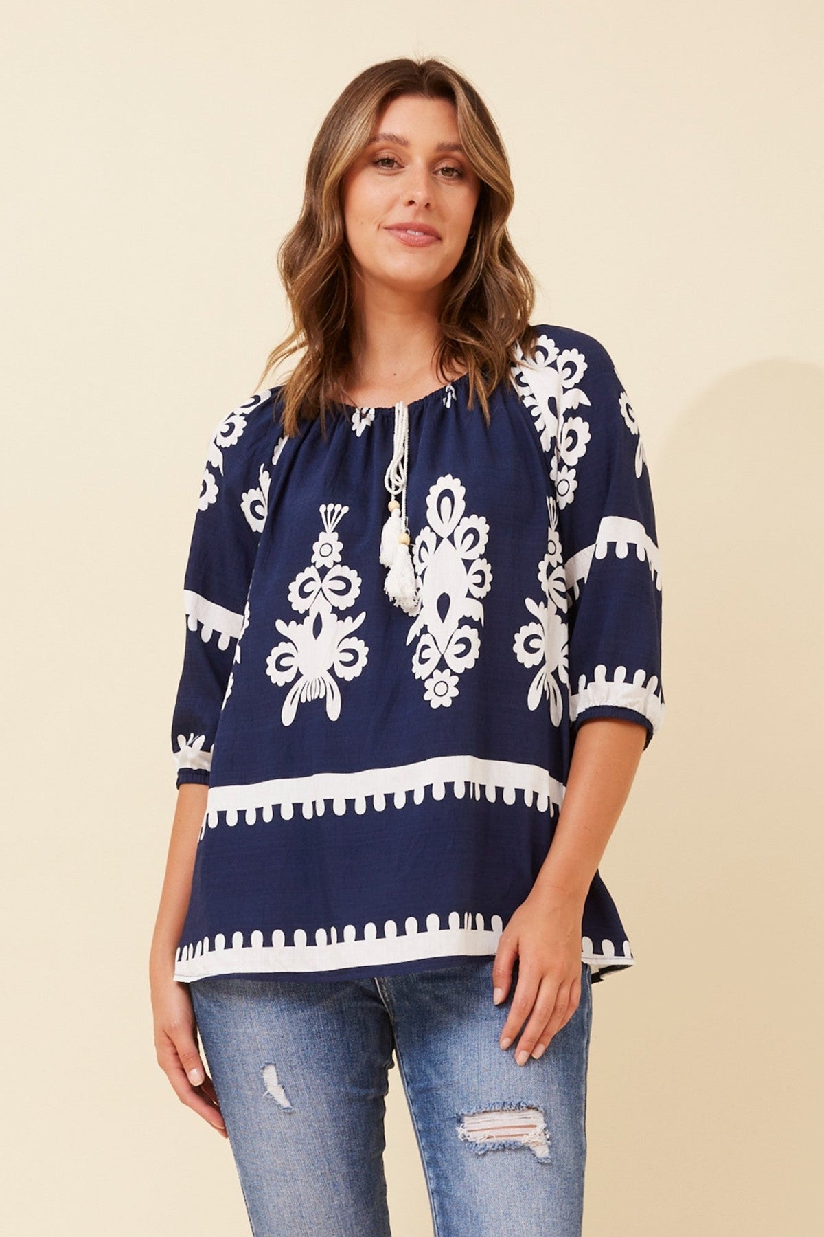 ANDREA BORDER PRINT TOP (Black)