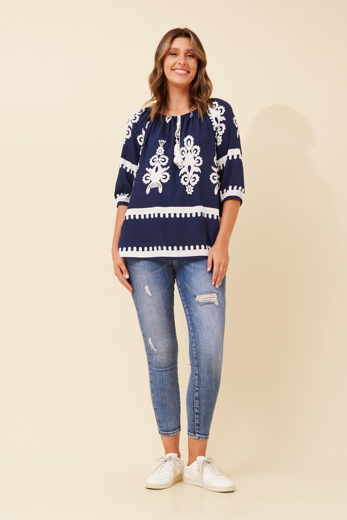 ANDREA BORDER PRINT TOP (Black)