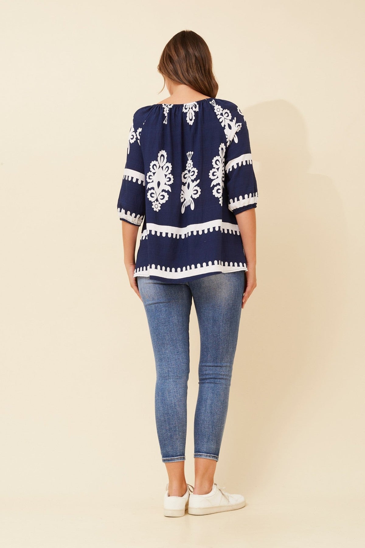 Caroline Morgan Australia ANDREA BORDER PRINT TOP (Navy)