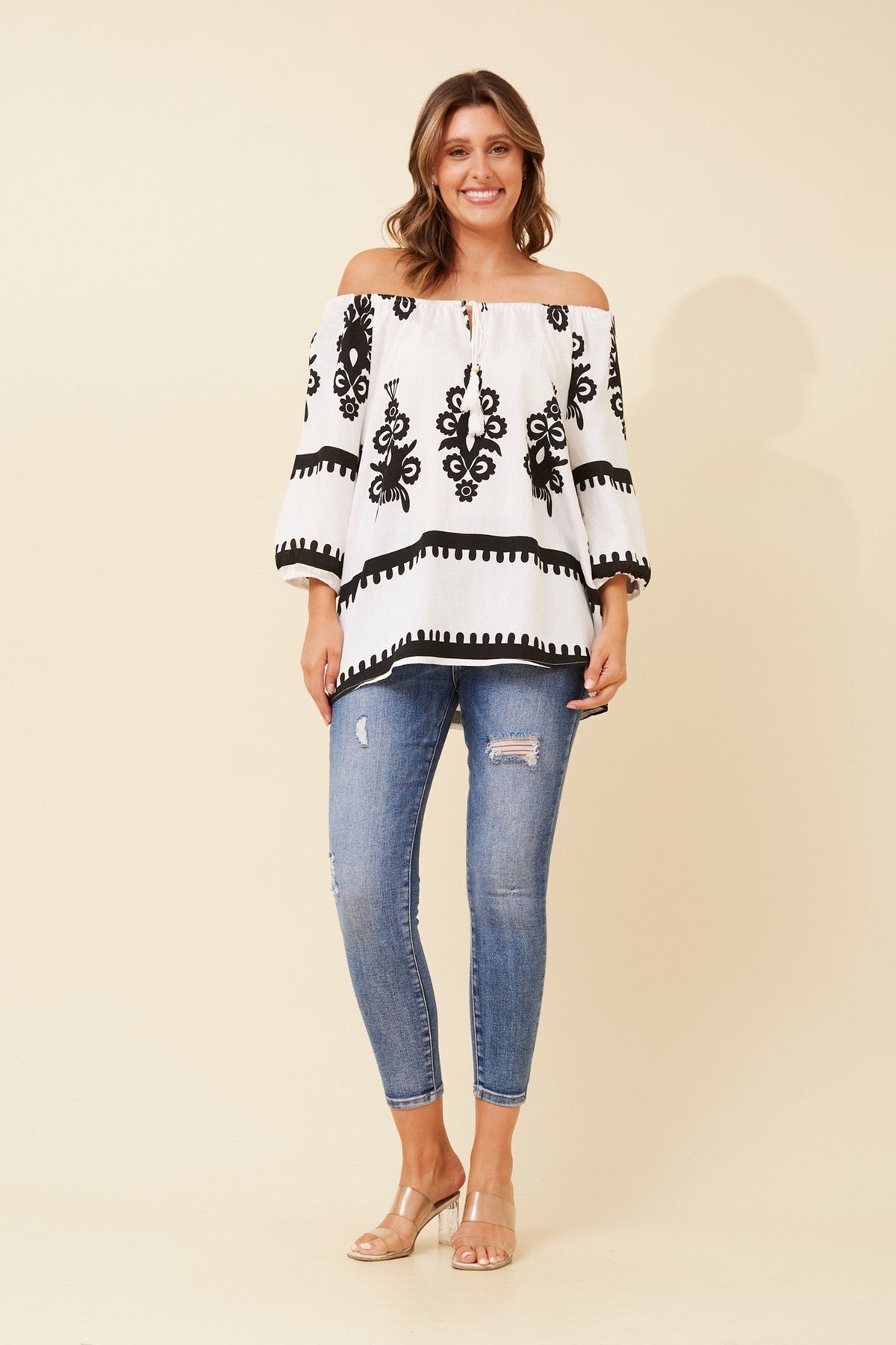 Caroline Morgan Australia ANDREA BORDER PRINT TOP (White)