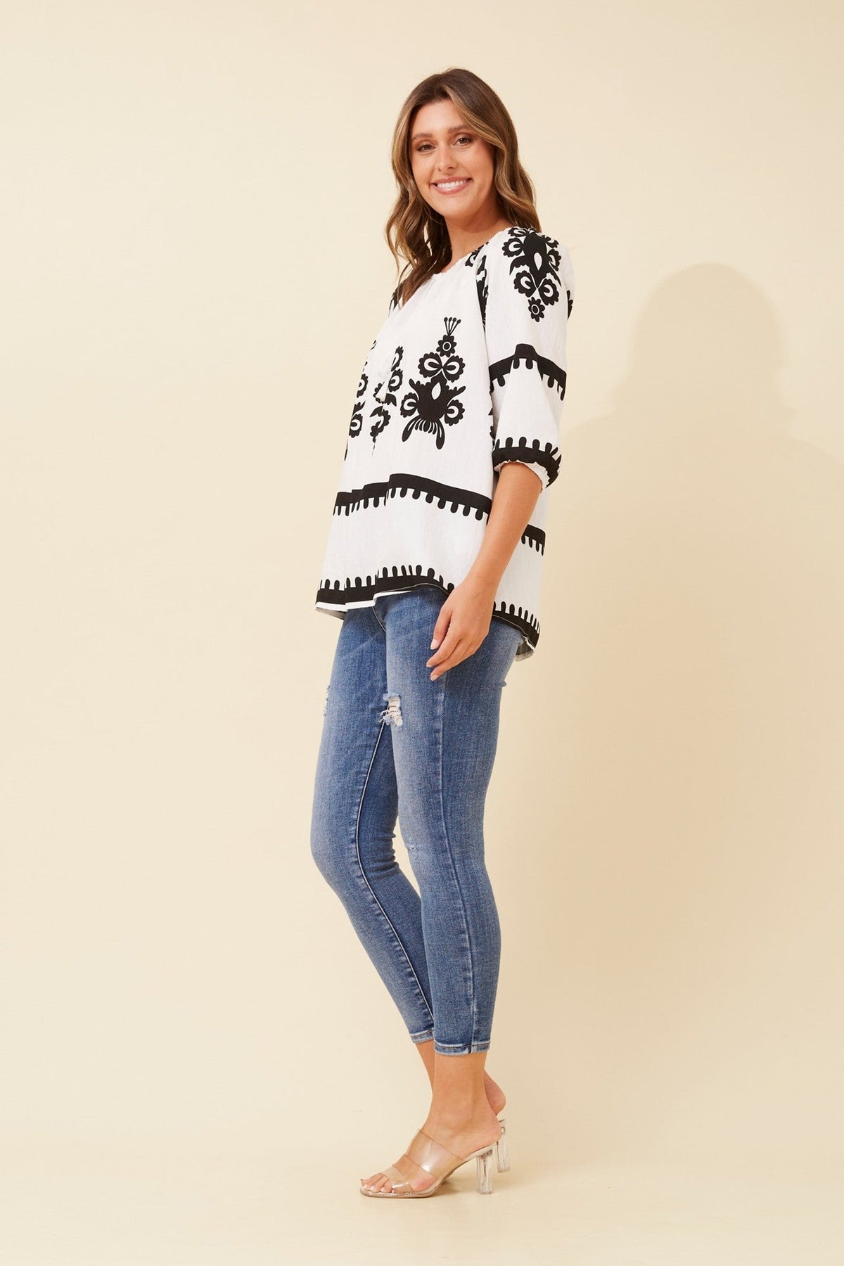 Caroline Morgan Australia ANDREA BORDER PRINT TOP (White)