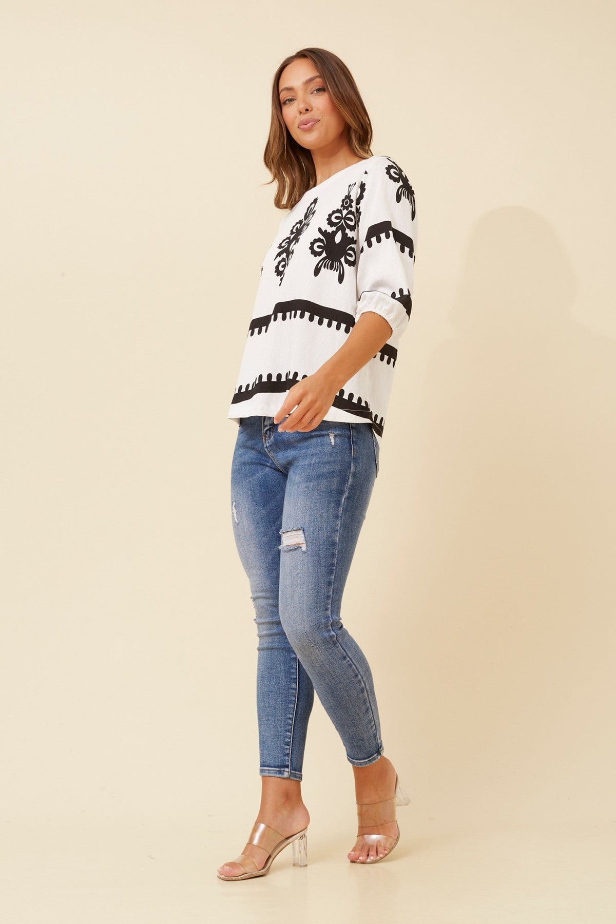Caroline Morgan Australia SHAE BORDER PRINT TOP (White)