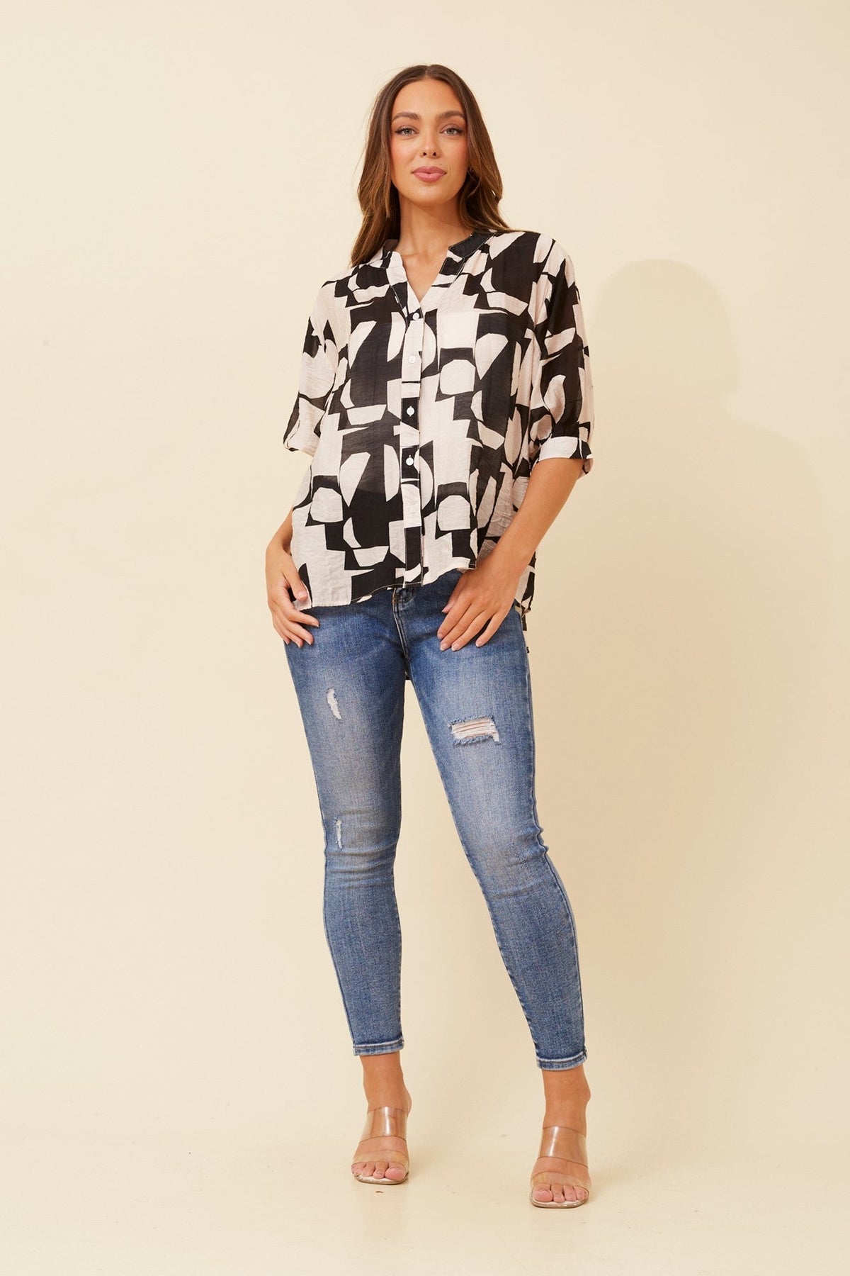 Image of Shirts. Product name - BELINA ABSTRACT PRINT SHIRT in Multi Black colour by brand - Caroline Morgan Australia