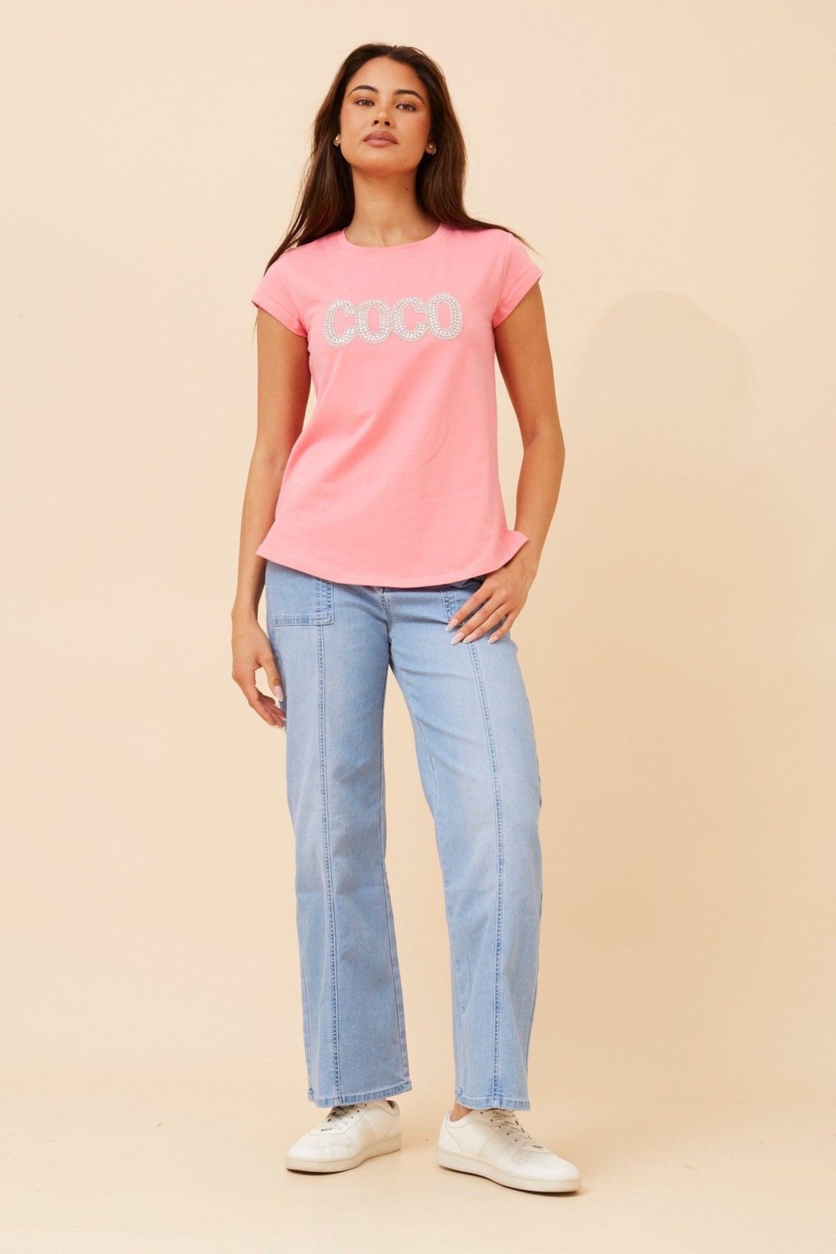 Image of T-Shirts. Product name - COCO EMBELLISHED T-SHIRT in Jade colour by brand - Caroline Morgan Australia