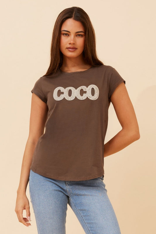 Image of T-Shirts. Product name - COCO EMBELLISHED T-SHIRT in Chocolate colour by brand - Caroline Morgan Australia