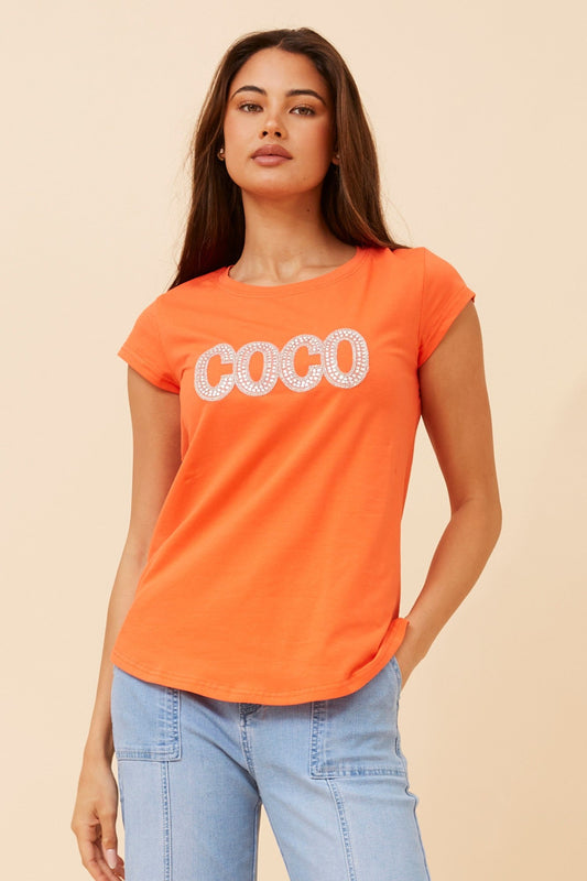 Image of T-Shirts. Product name - COCO EMBELLISHED T-SHIRT in Orange colour by brand - Caroline Morgan Australia