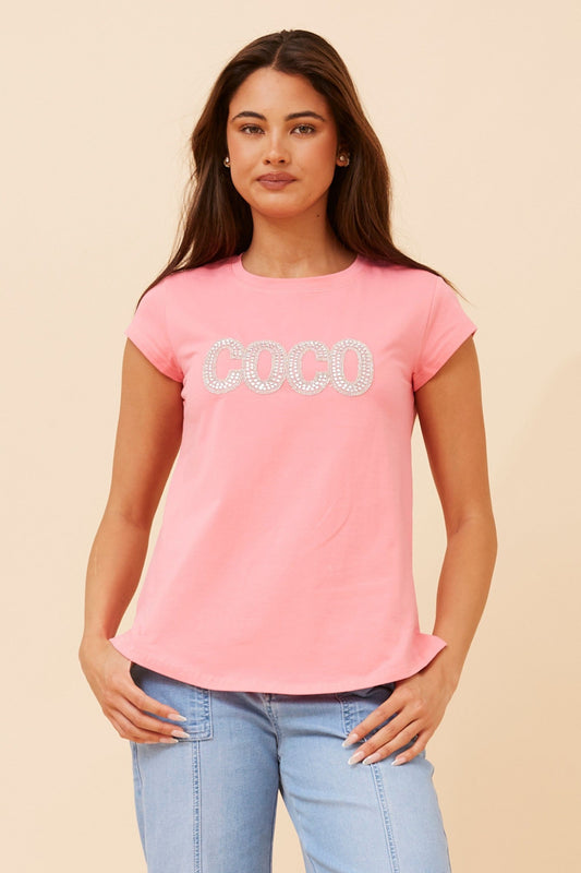Image of T-Shirts. Product name - COCO EMBELLISHED T-SHIRT in Rose Pink colour by brand - Caroline Morgan Australia