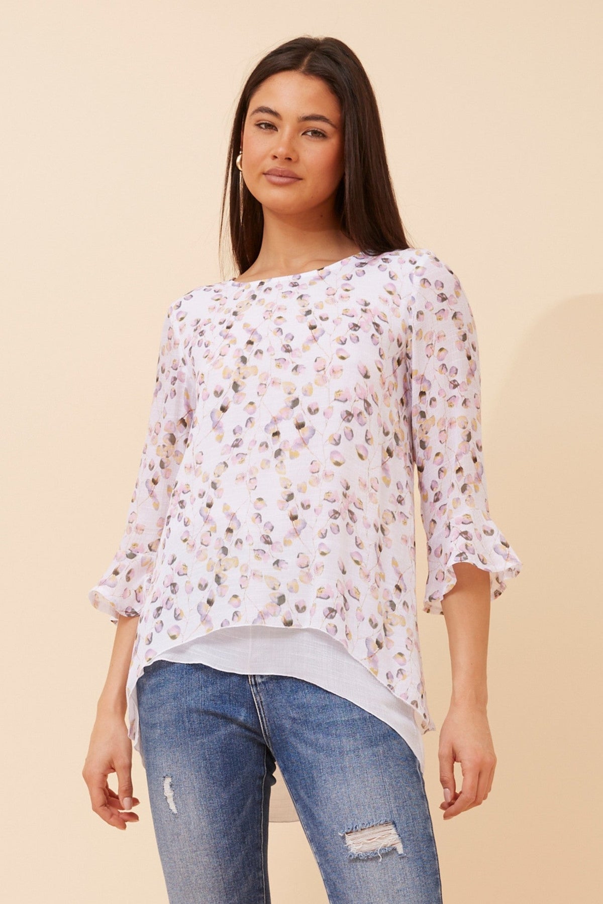 RUMI LEAF PRINT DOUBLE LAYER TOP (Pink)