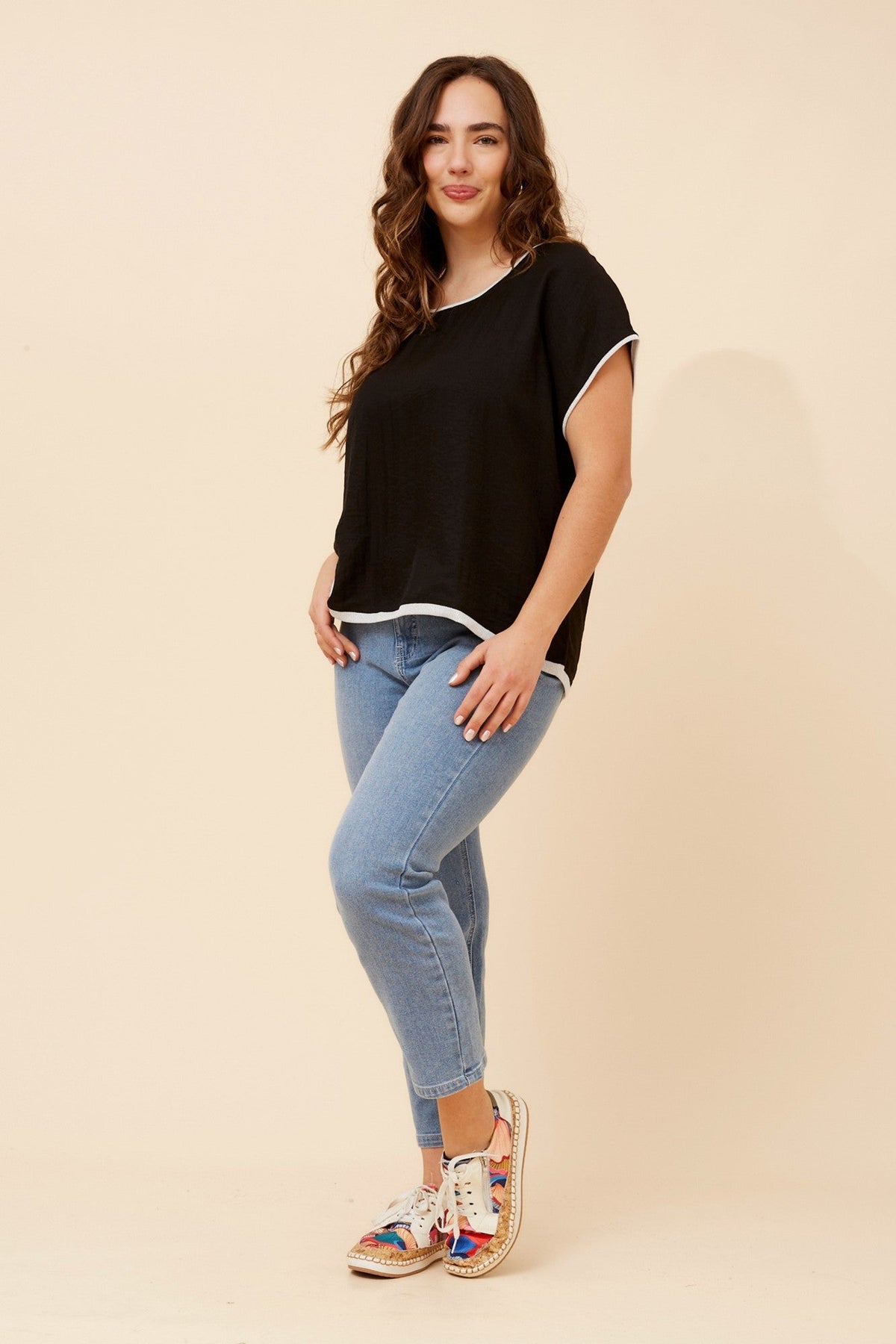 Caroline Morgan Australia LYNKA SOLID LINEN BLEND TOP (Black)