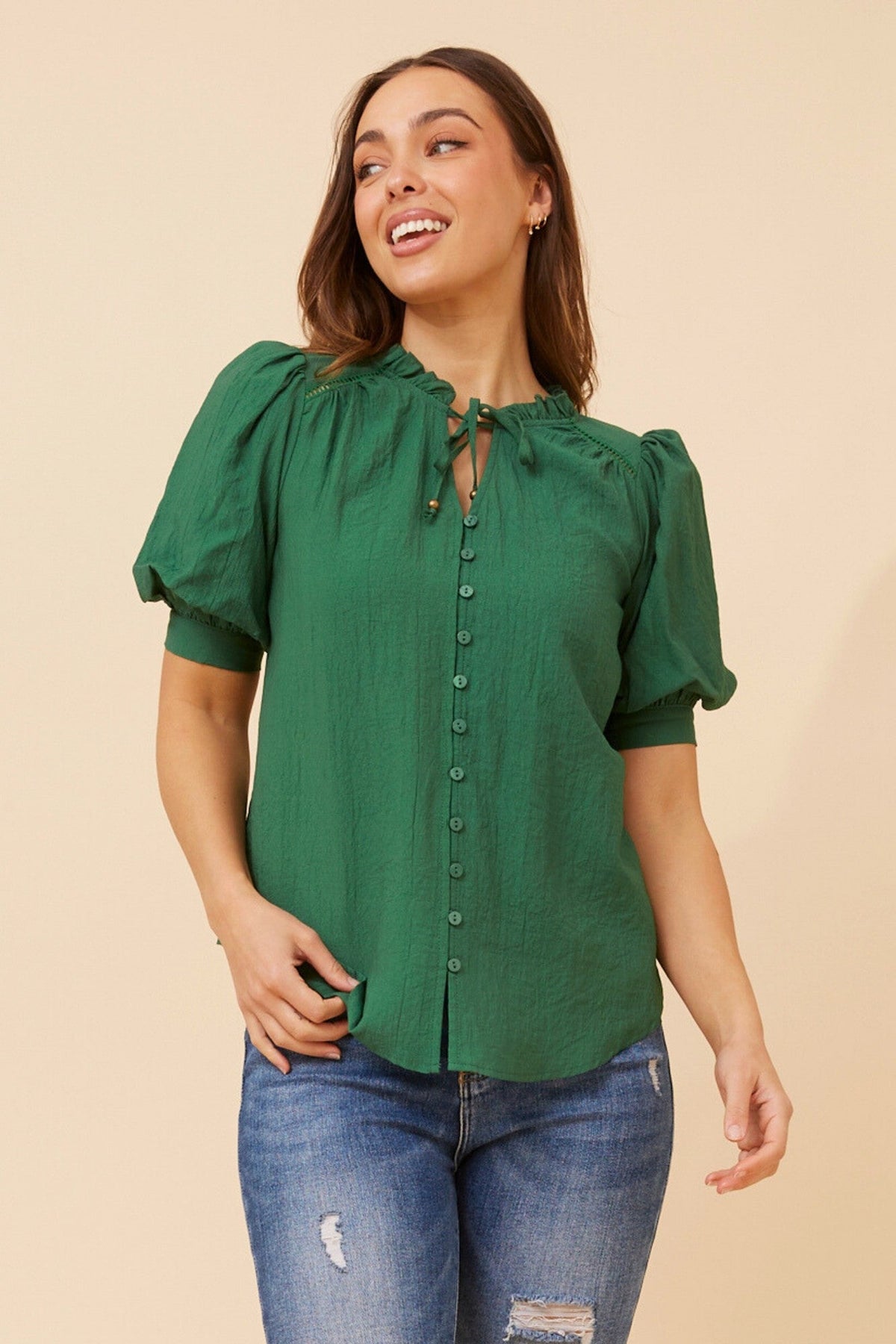 Image of Blouses. Product name - JADIRA SOLID BLOUSE in Emerald colour by brand - Caroline Morgan Australia