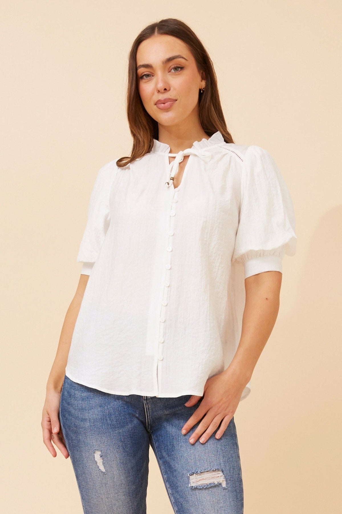 Image of Blouses. Product name - JADIRA SOLID BLOUSE in White colour by brand - Caroline Morgan Australia