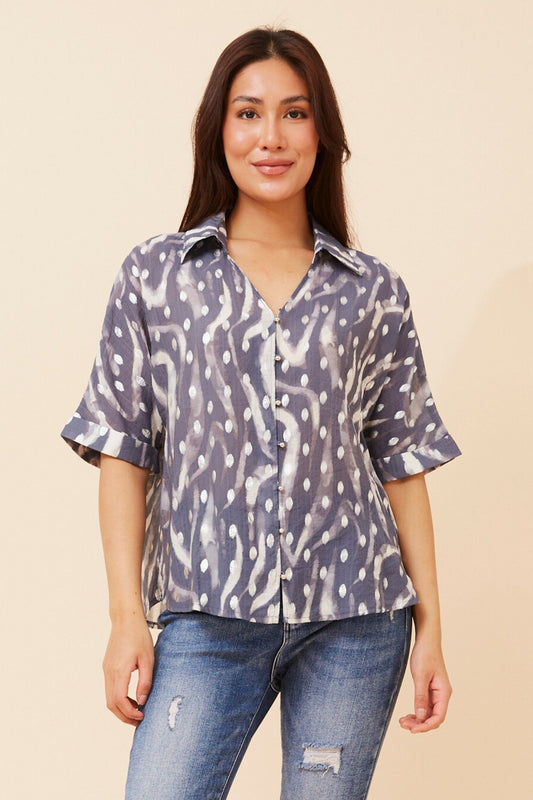 Image of Shirts. Product name - ZENAIDA ANIMAL PRINT SHIRT in Indigo colour by brand - Caroline Morgan Australia