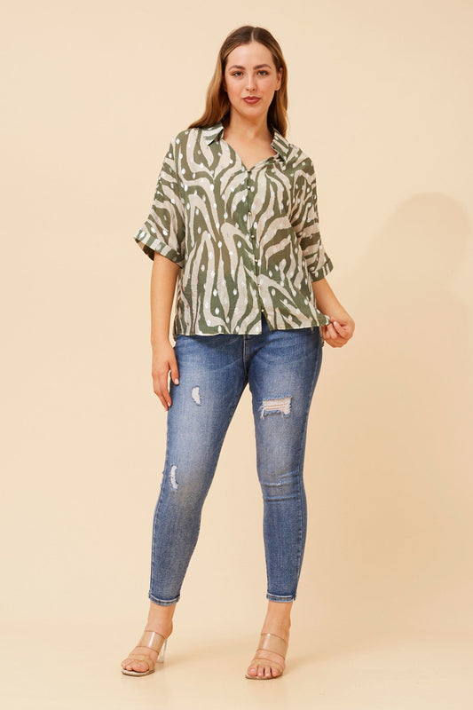 Image of Shirts. Product name - ZENAIDA ANIMAL PRINT SHIRT in Khaki colour by brand - Caroline Morgan Australia