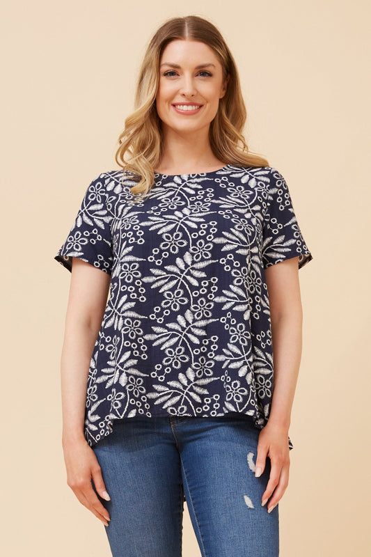 Image of a model wearing Tops. Product name - MALISSA ABSTRACT PRINT TOP in Navy colour by brand - Caroline Morgan Australia