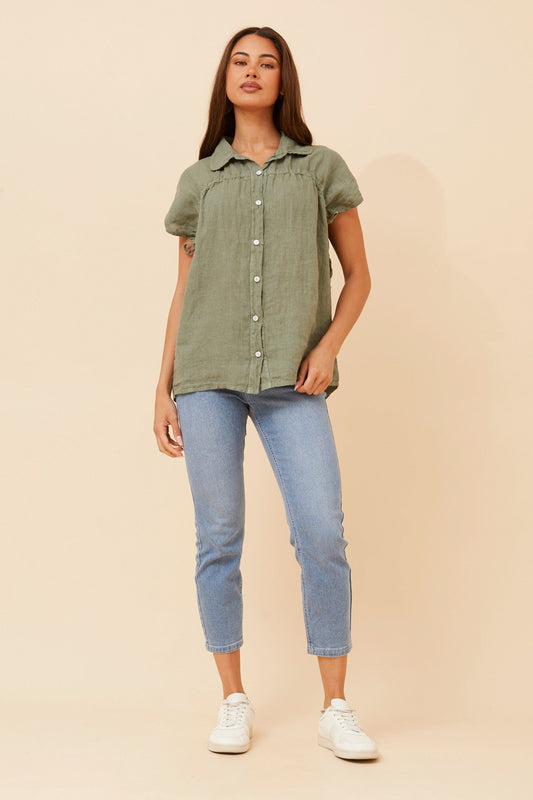 Image of Shirts. Product name - MELE SOLID LINEN SHIRT in Khaki colour by brand - BOTTEGA MODA