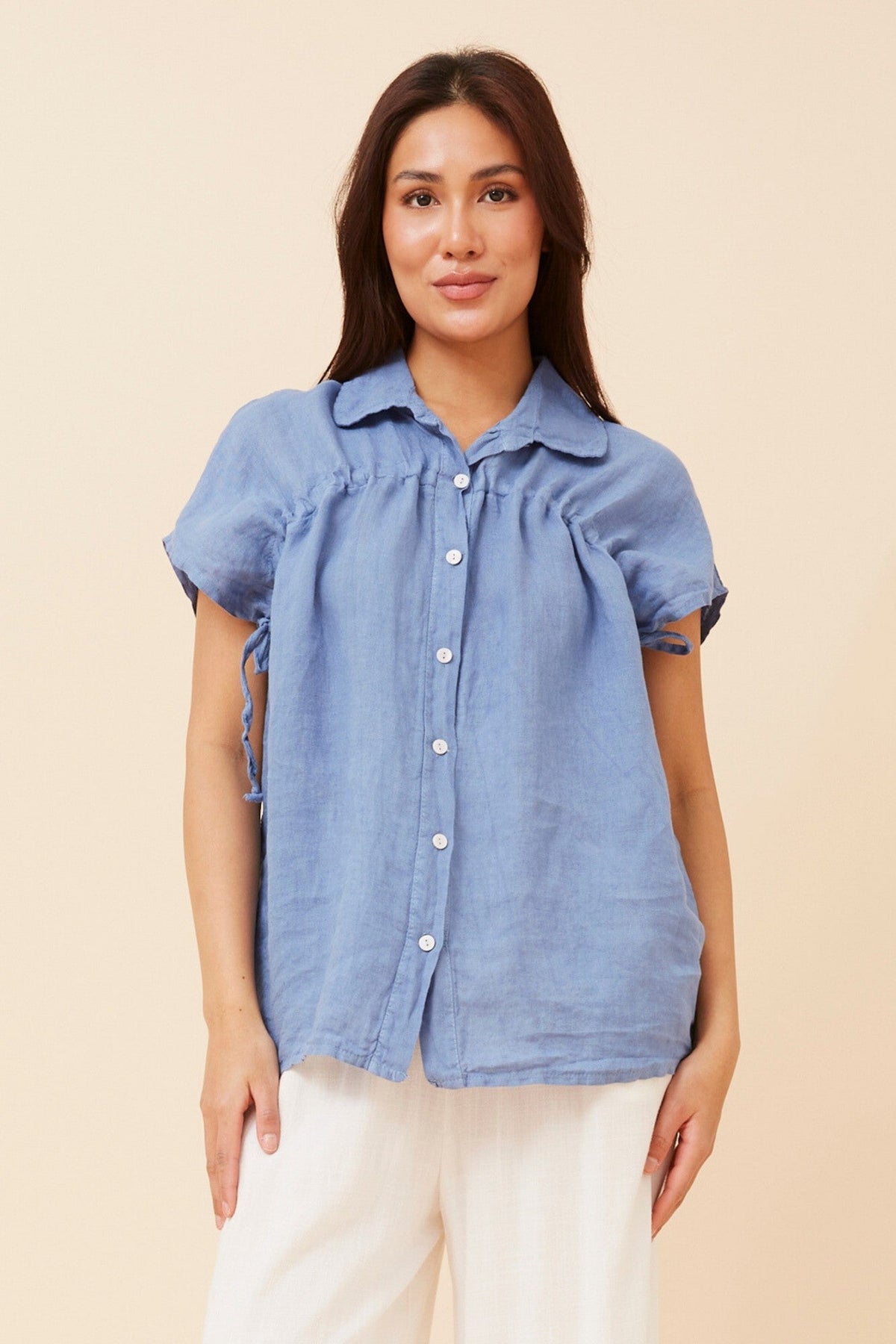Image of Shirts. Product name - MELE SOLID LINEN SHIRT in Denim colour by brand - BOTTEGA MODA