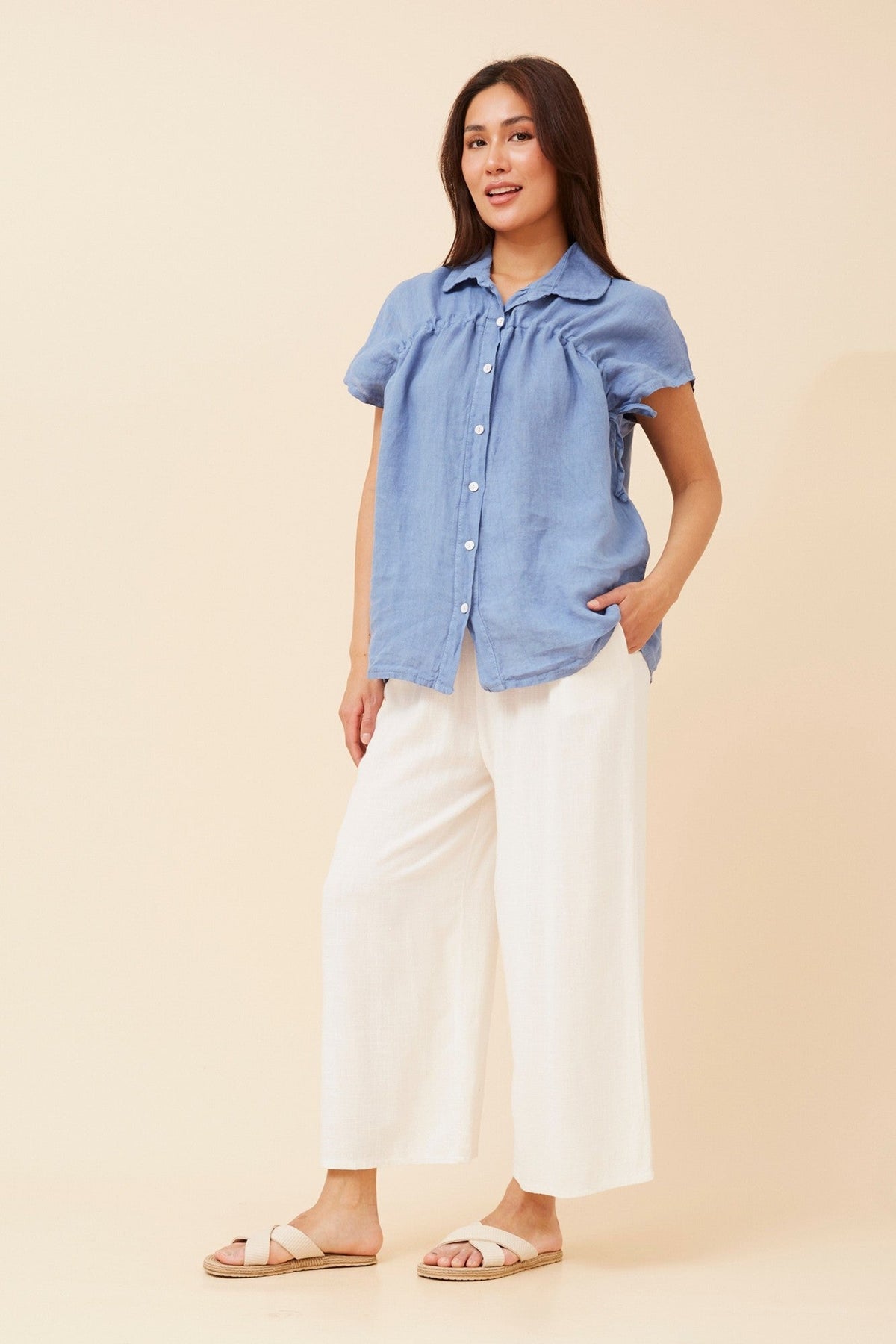 BOTTEGA MODA MELE SOLID LINEN SHIRT (Denim)
