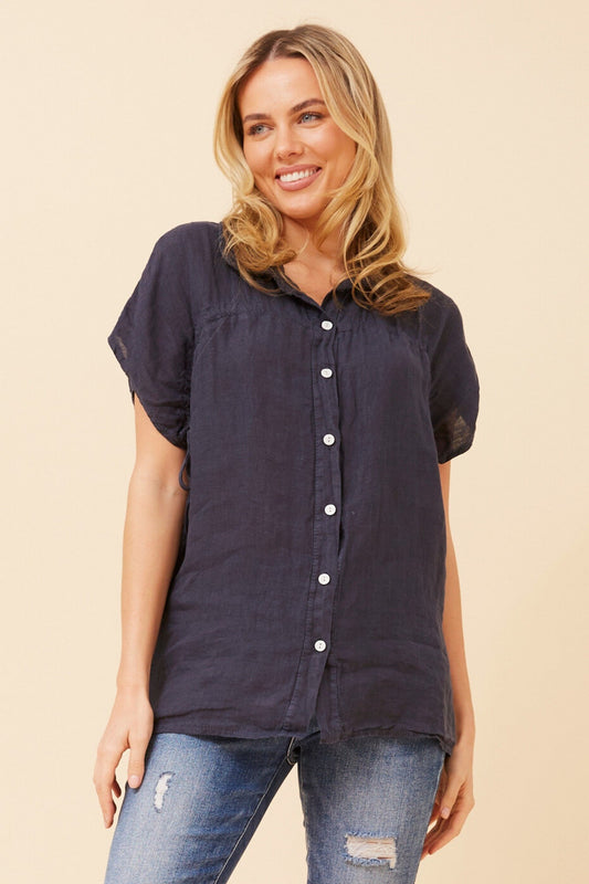 Image of Shirts. Product name - MELE SOLID LINEN SHIRT in Navy colour by brand - BOTTEGA MODA