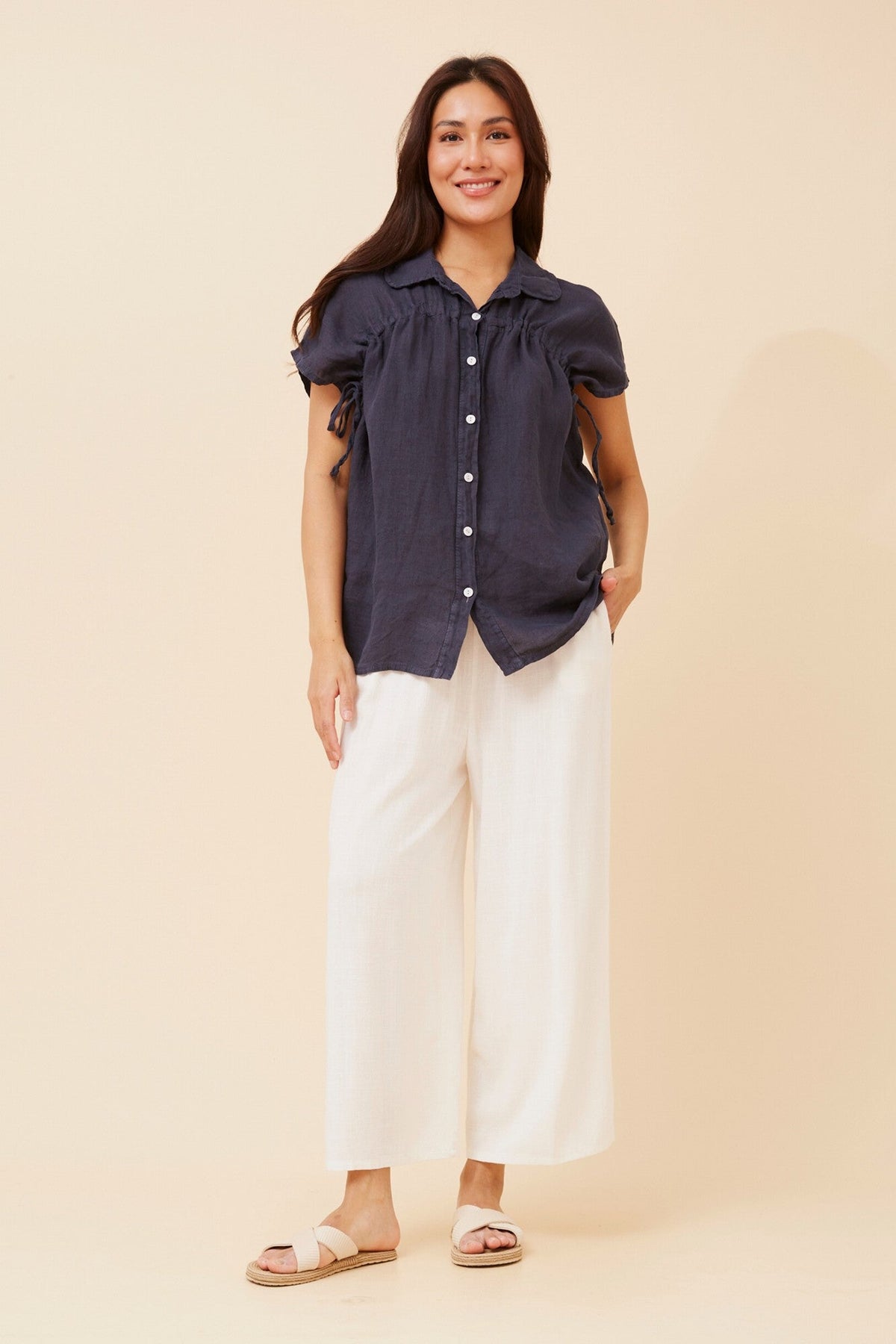 BOTTEGA MODA MELE SOLID LINEN SHIRT (Navy)