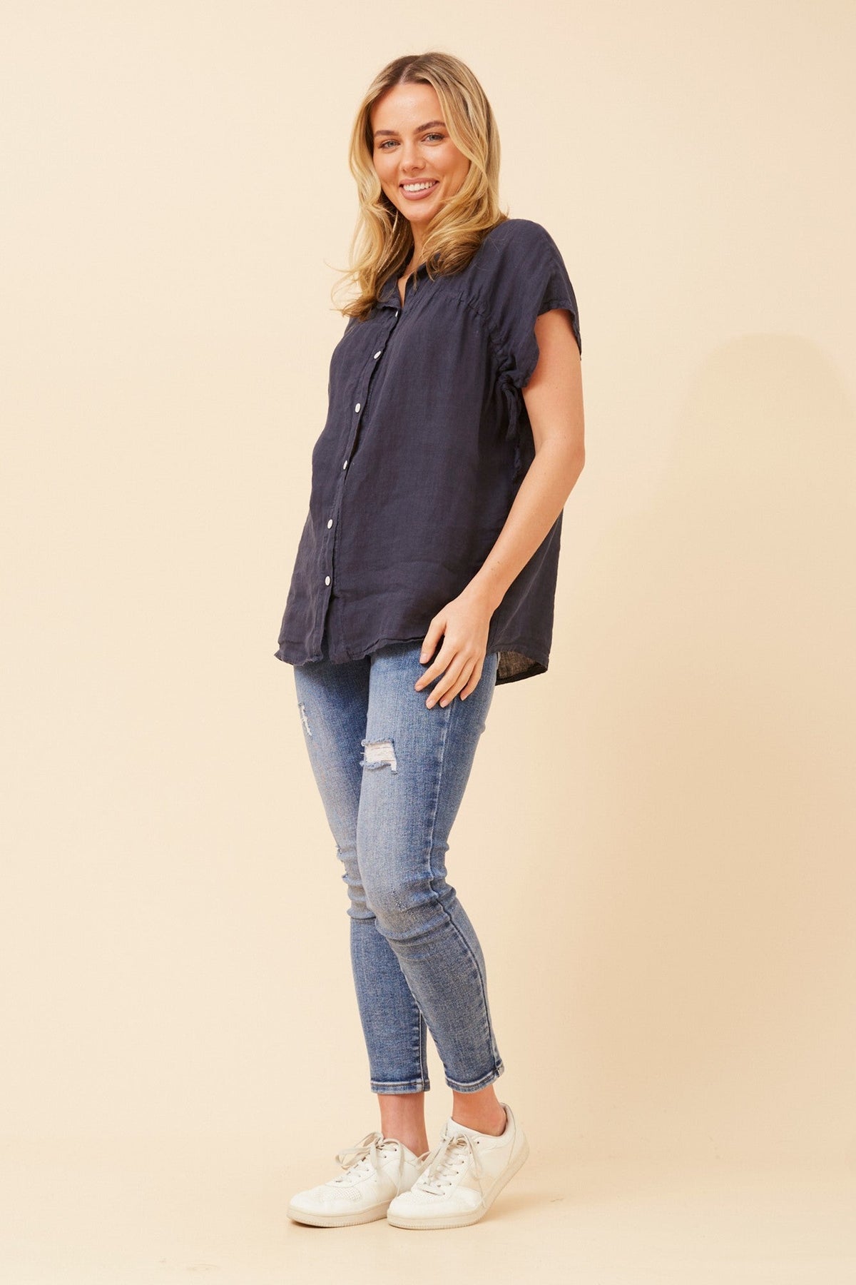 BOTTEGA MODA MELE SOLID LINEN SHIRT (Navy)