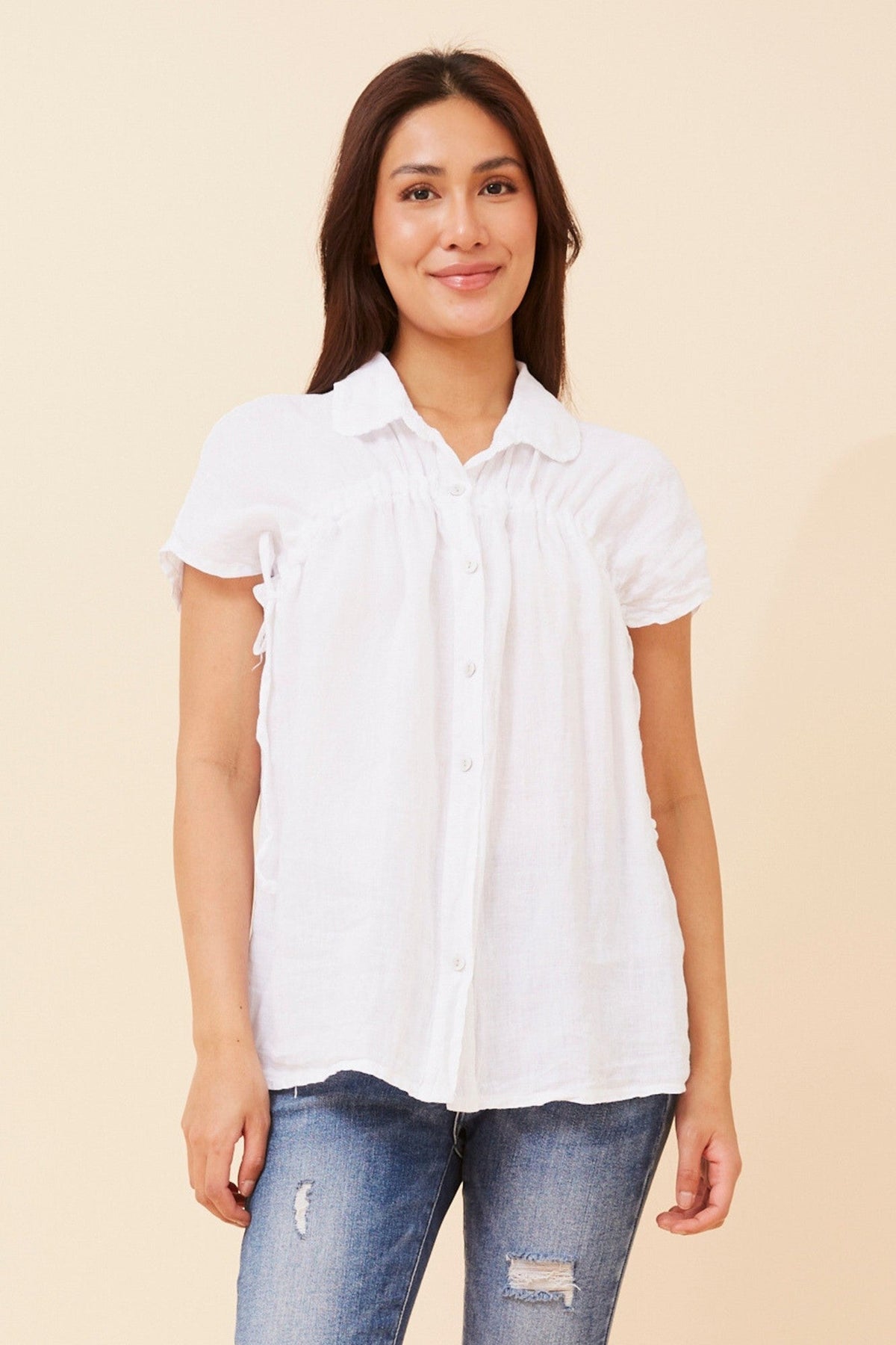 Image of Shirts. Product name - MELE SOLID LINEN SHIRT in White colour by brand - BOTTEGA MODA