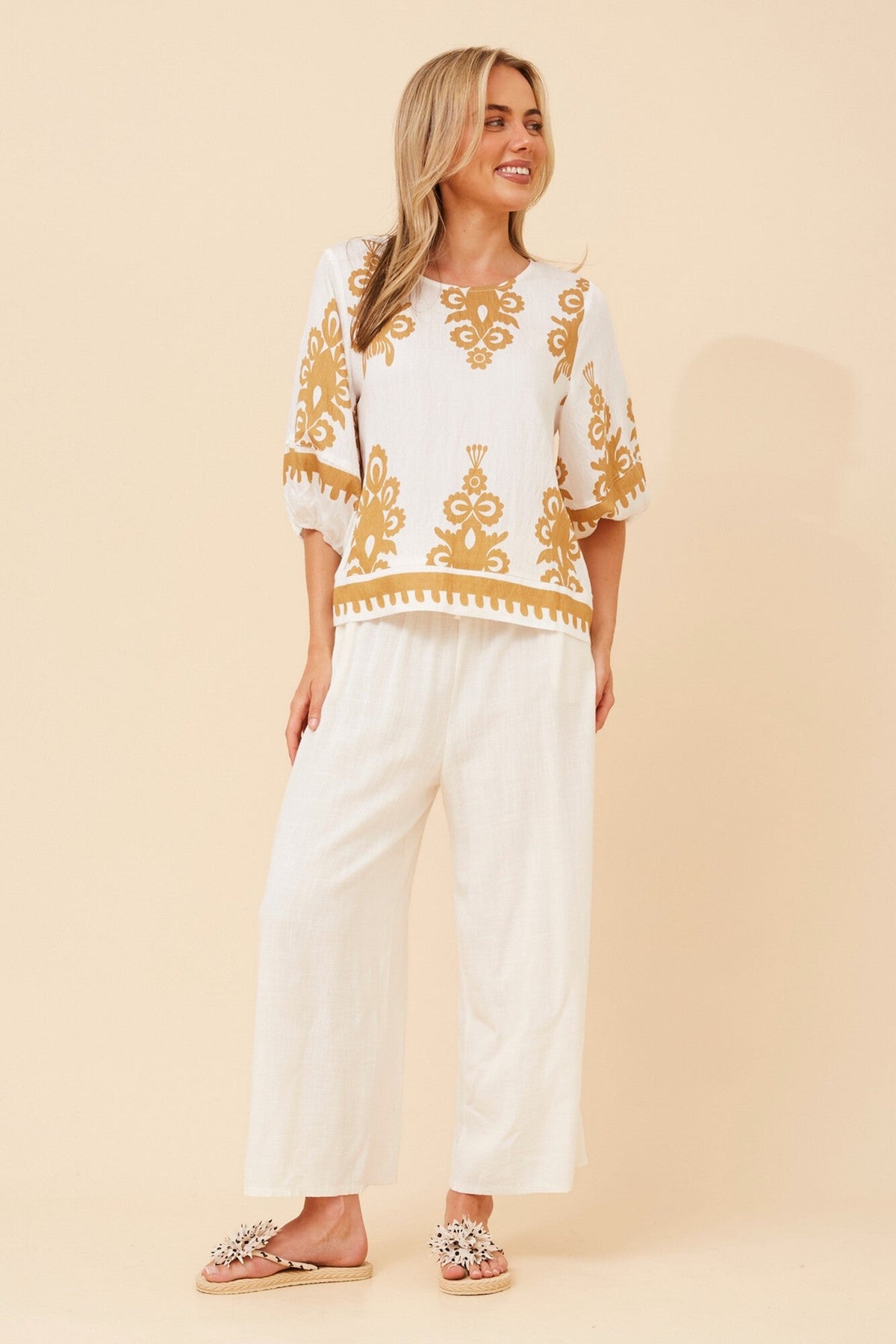 Caroline Morgan Australia LIESL BORDER PRINT TOP (Beige)